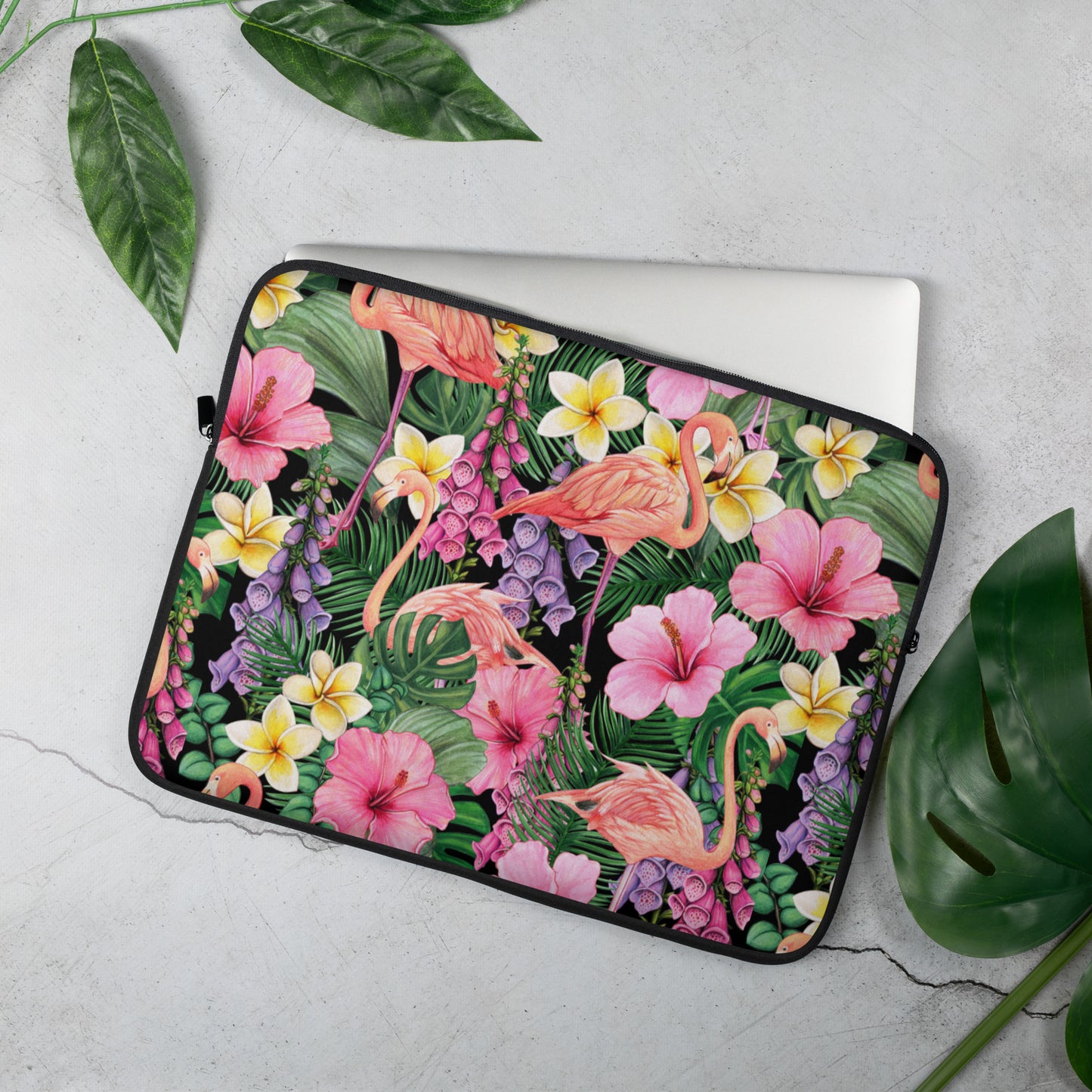 Colorful Watercolor Famingos and Flowers seamless patern, Tropical Flowers, Print Flower, Nature Garden, Hawaiian Laptop Sleeve
