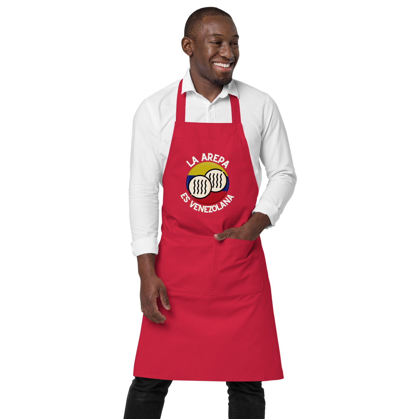 La arepa es Venezolana, I Love Arepa, Venezolano en USA, Venezuela Organic cotton apron