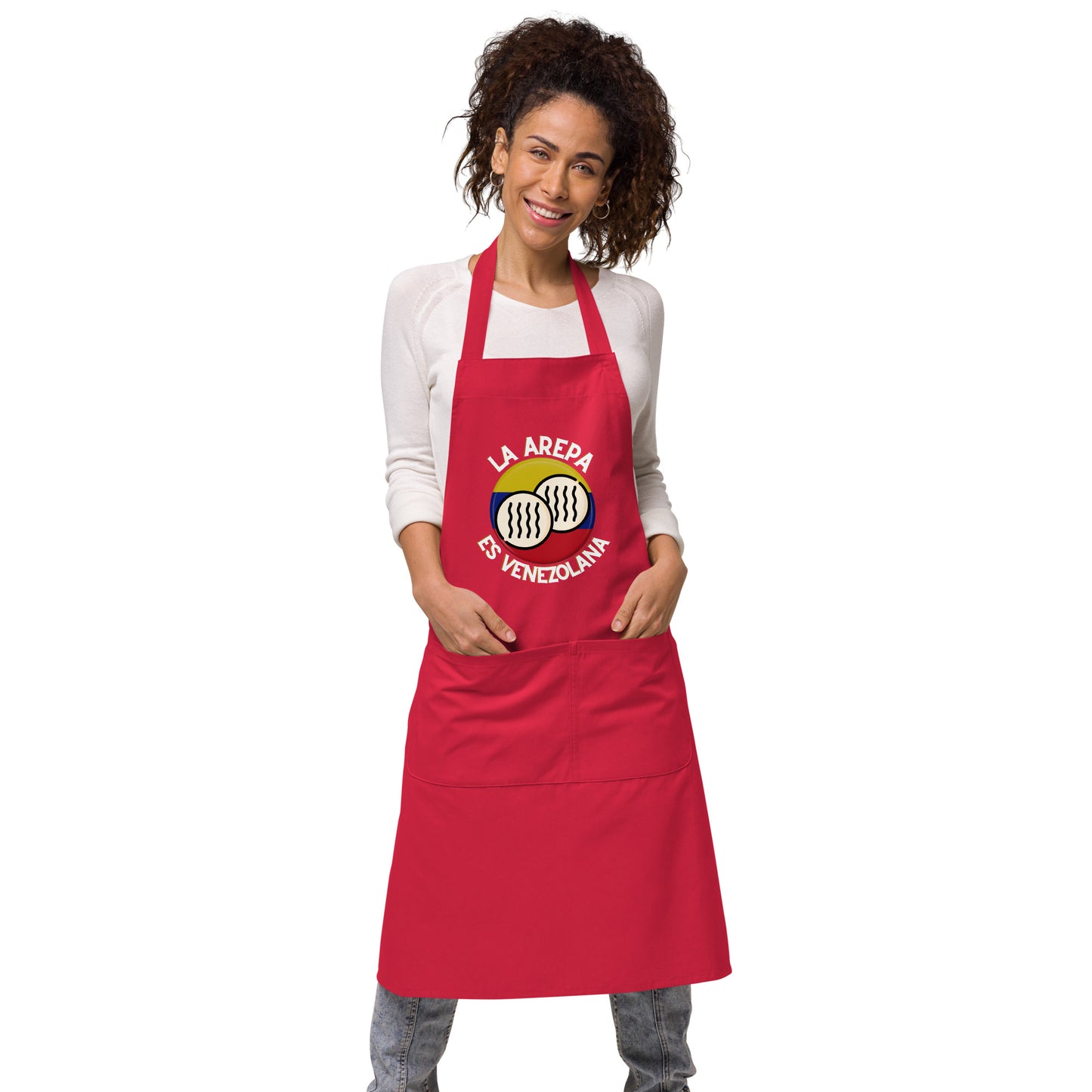 La arepa es Venezolana, I Love Arepa, Venezolano en USA, Venezuela Organic cotton apron