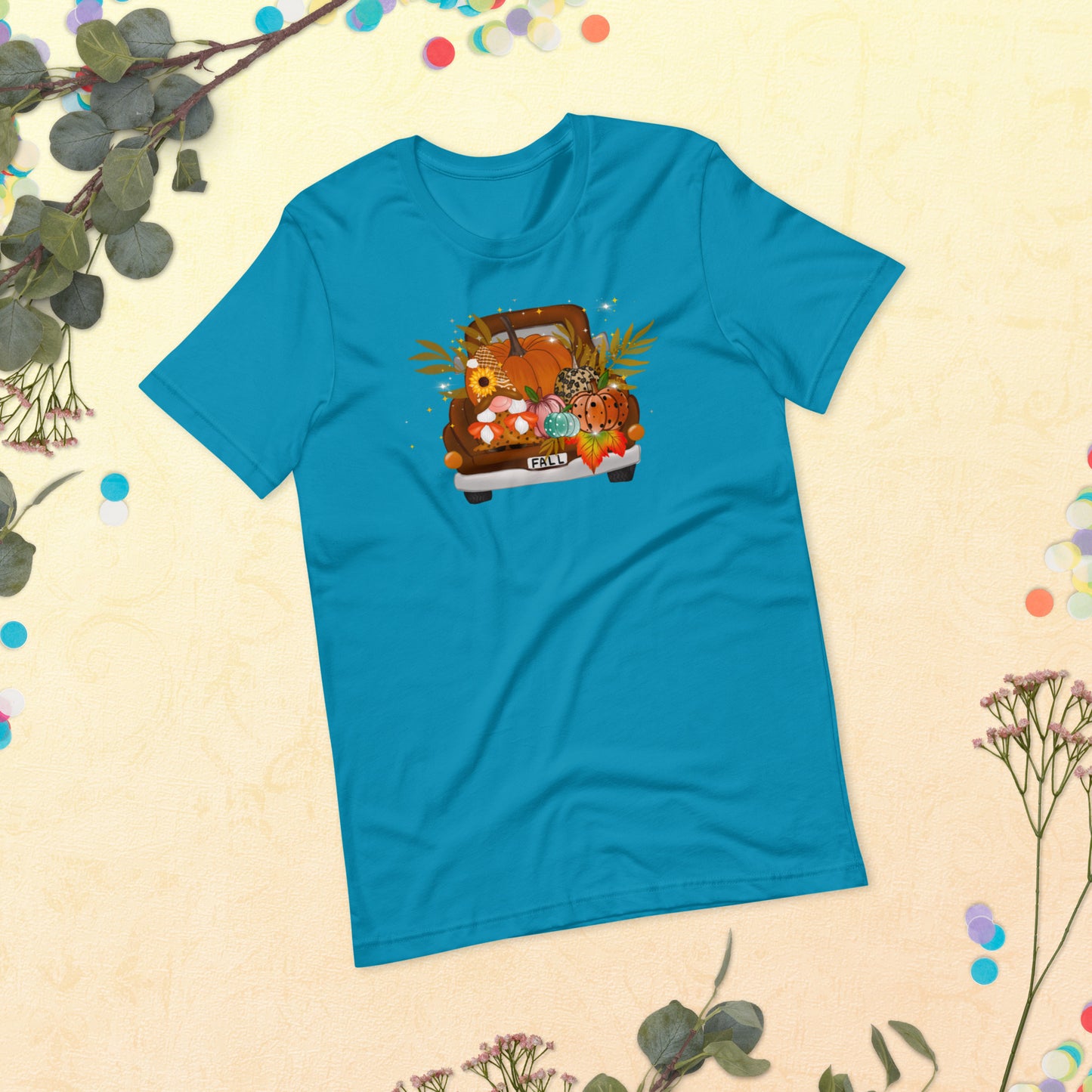 Fall Harvest on pickup Truck, Fall Gnomes Truck, Sunflowers Gnome, Thanksgiving, Pumpkin Unisex t-shirt