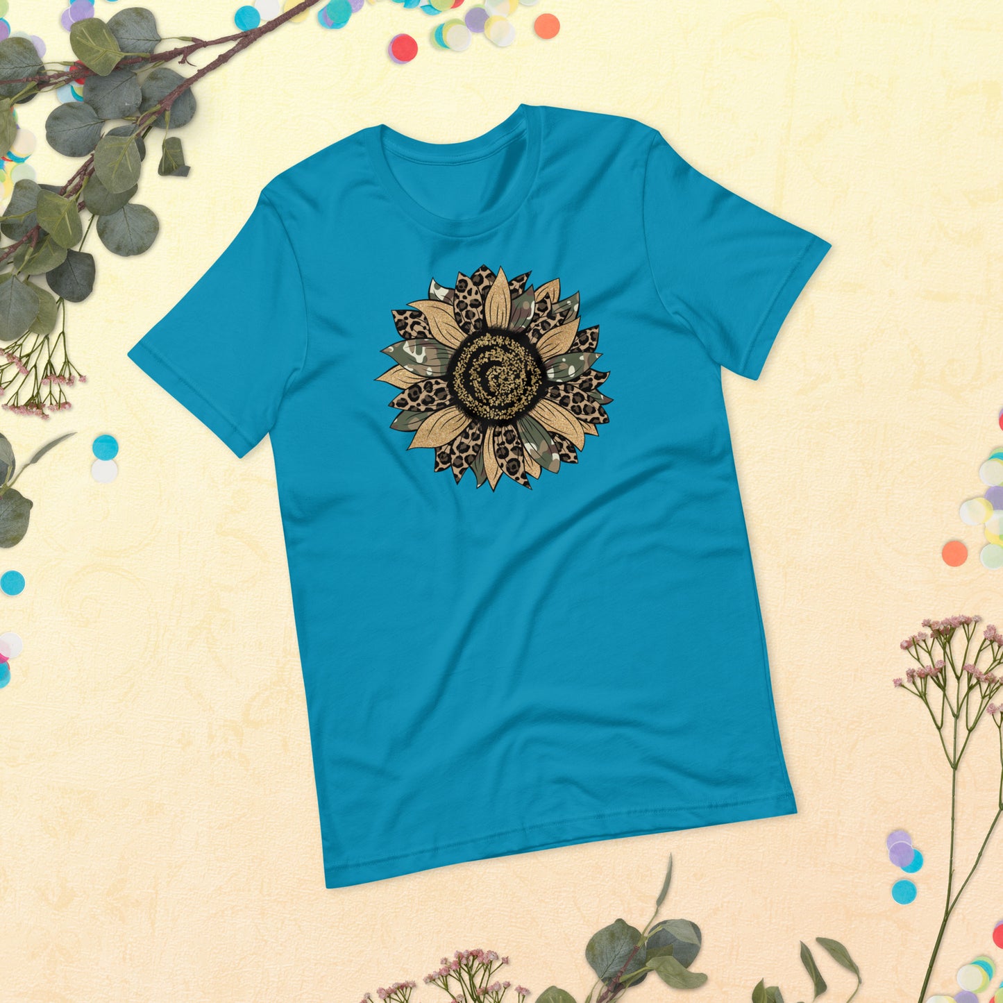 Camo Leopard Sunflower, Army Sunflower, Sunflower Shirt, Flower Shirt, Daisy, Roses, Nature, Wildflower, Inspirational Unisex t-shirt