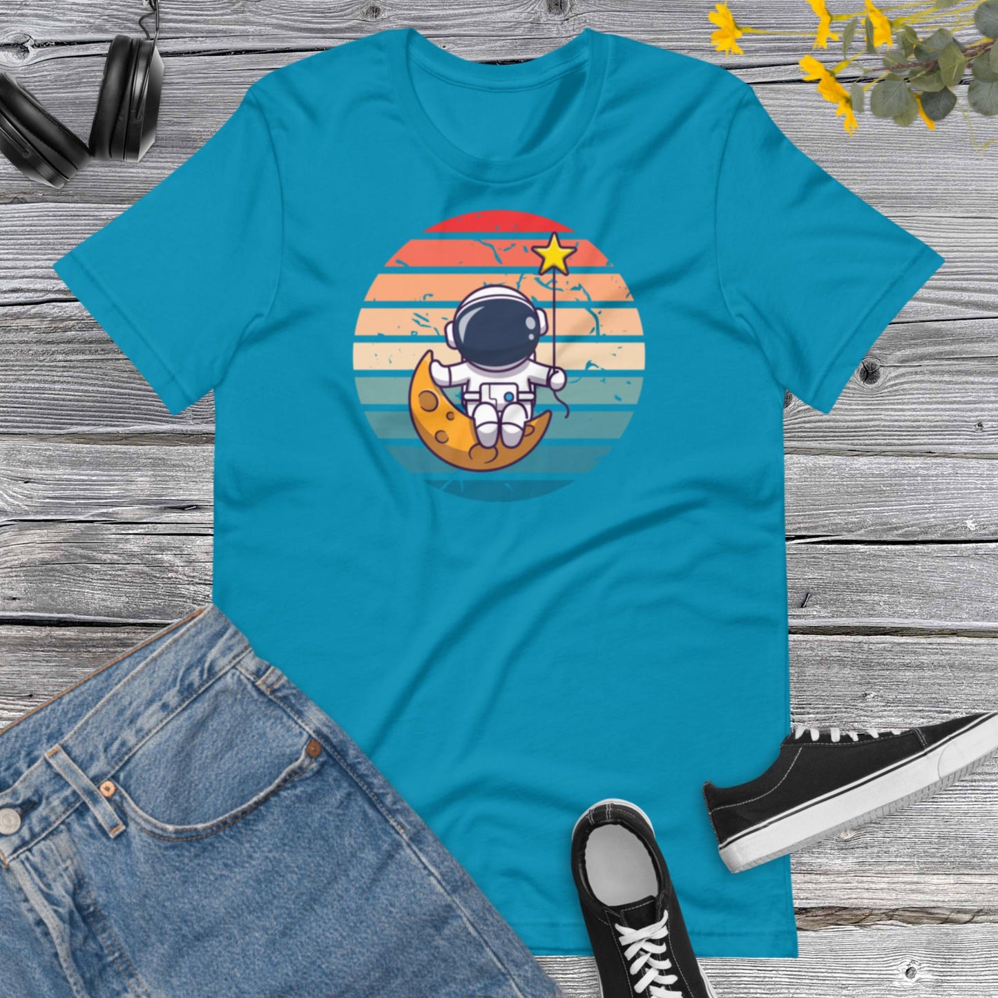 Astronaut sitting Moon Star, Astronaut Shirt, Funny Spaceman Moon, Outer Space Shirt, Space Theme Party, Space Birthday Unisex t-shirt