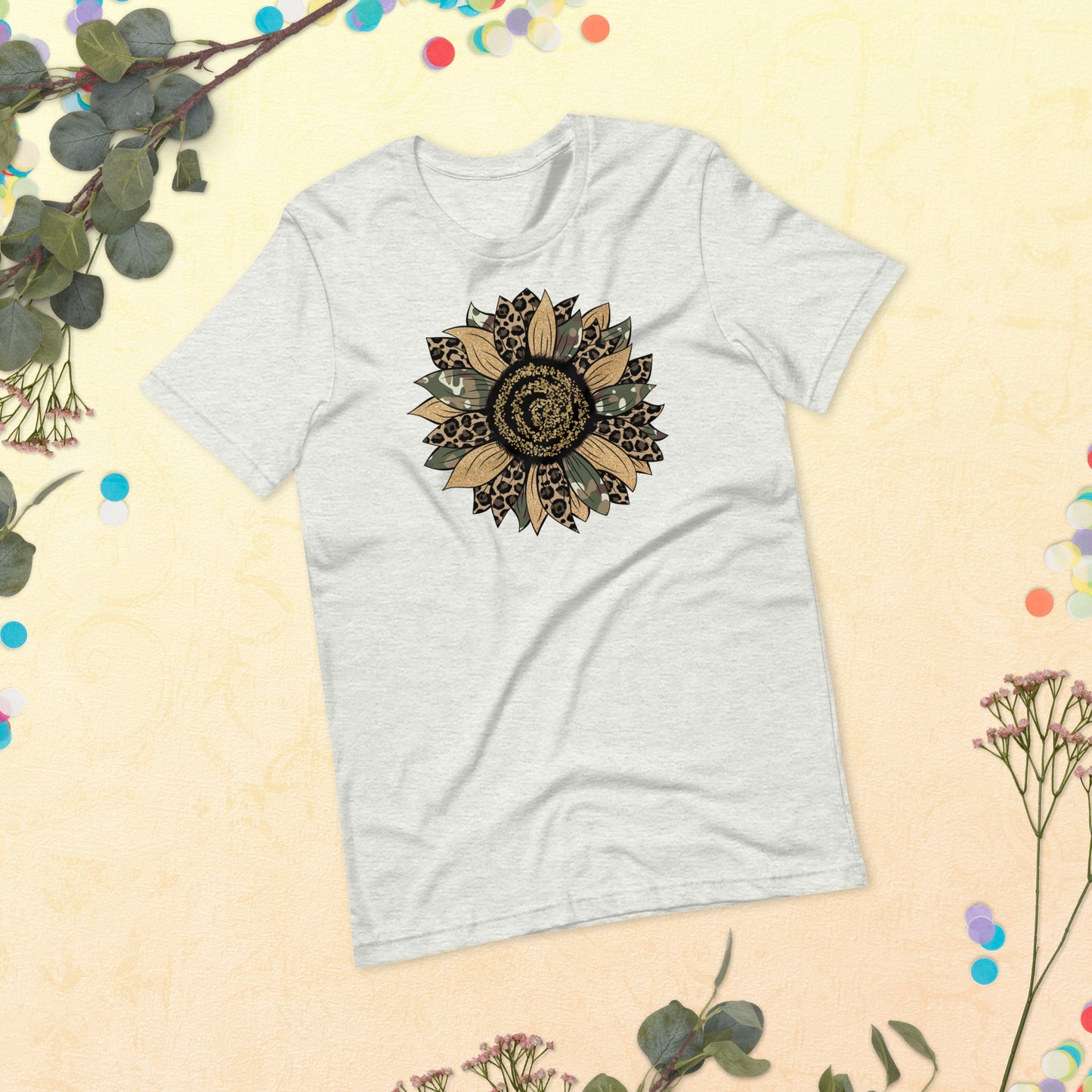 Camo Leopard Sunflower, Army Sunflower, Sunflower Shirt, Flower Shirt, Daisy, Roses, Nature, Wildflower, Inspirational Unisex t-shirt