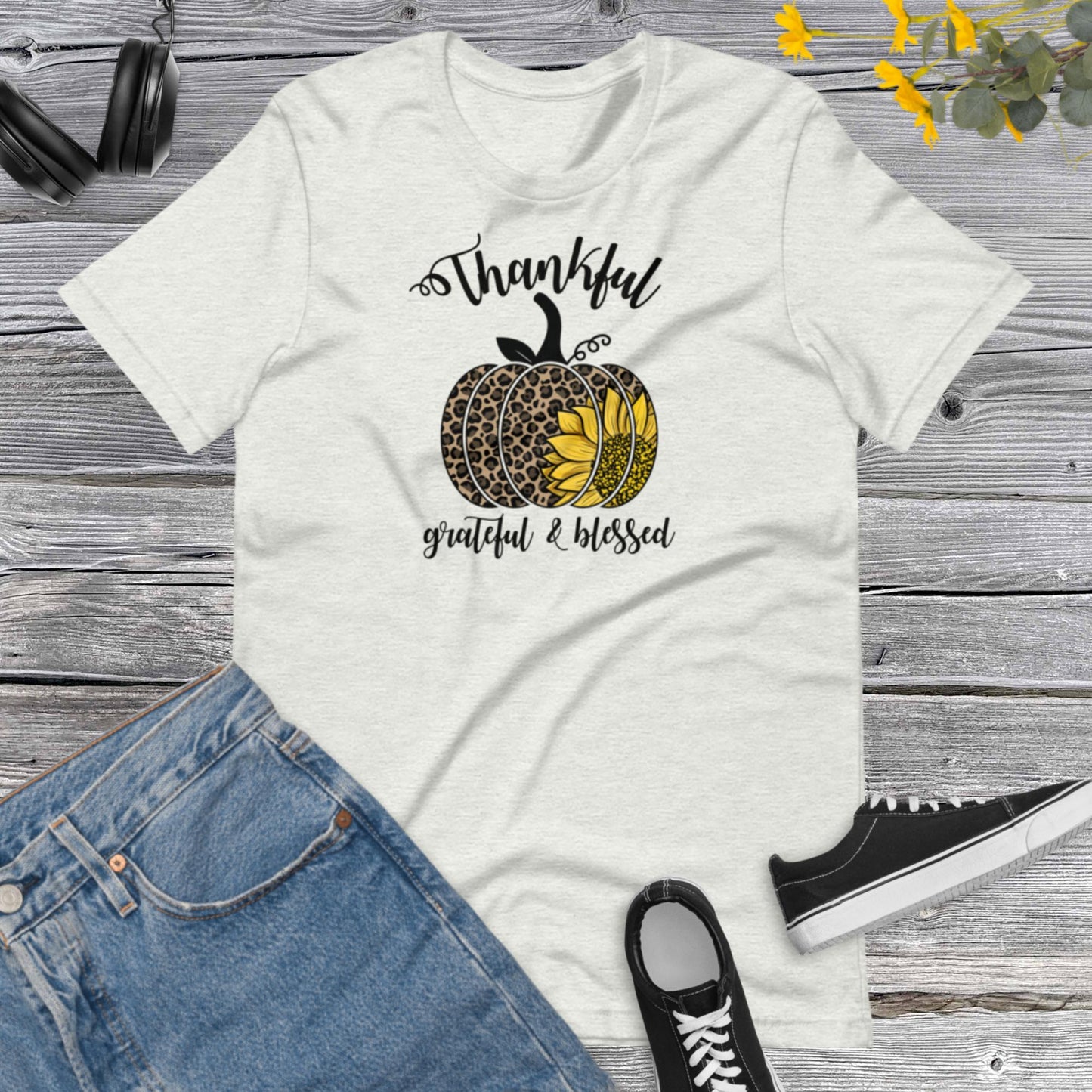Thankful Grateful & Blessed Pumpkin Sunflower, Happy Fall Shirt, Leopard Pumpkin Shirt, Fall Shirt, Thanksgiving Gift Unisex t-shirt
