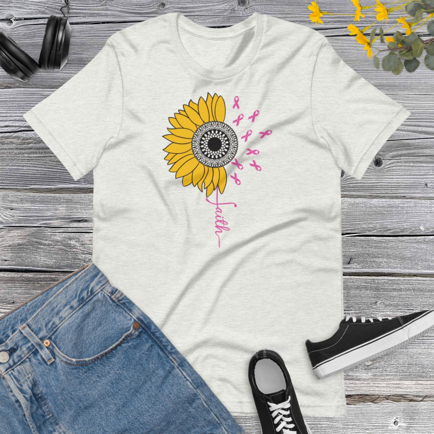 Awareness Sunflower Faith, Breast Cancer, Vertical Cross, Faith Cross, Floral Shirt, Inspirational Unisex t-shirt
