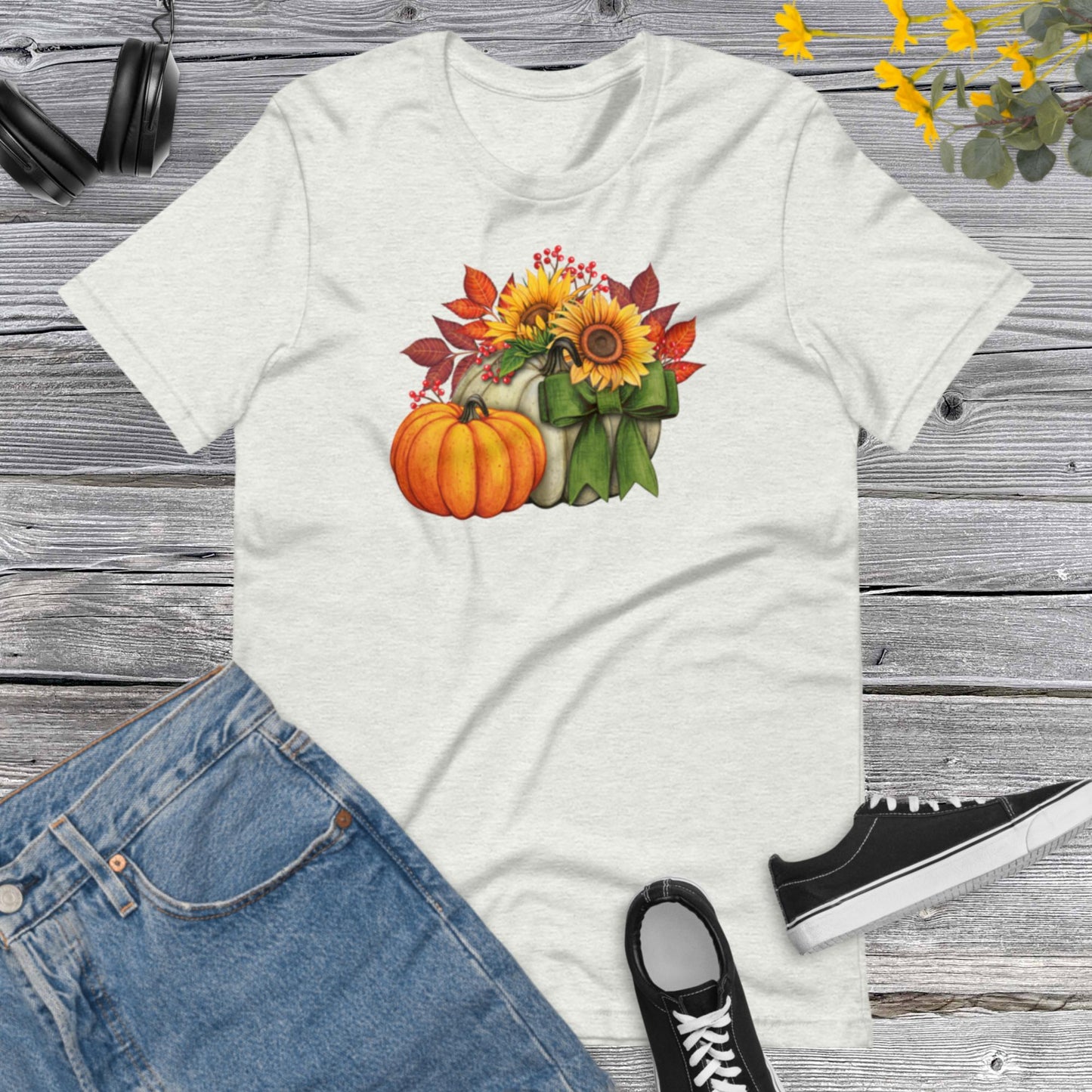 Watercolor Pumpkins Sunflowers, Pretty Fall Watercolor Pumpkins, Hello Fall, Green and Orange Pumpkins Design Unisex t-shirt
