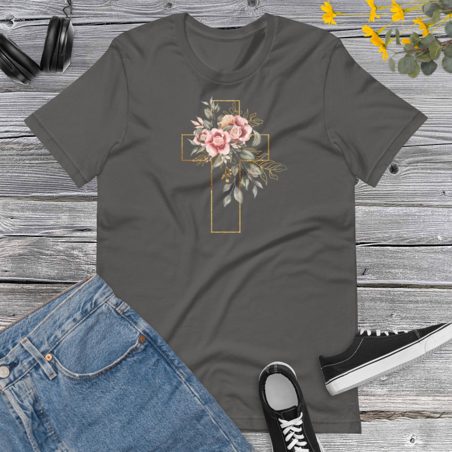 Cross Flower, Watercolor Golden Cross Pink Flowers,  Floral Tee for Women, Christian Gift Shirt, Floral Cross Graphic Unisex t-shirt