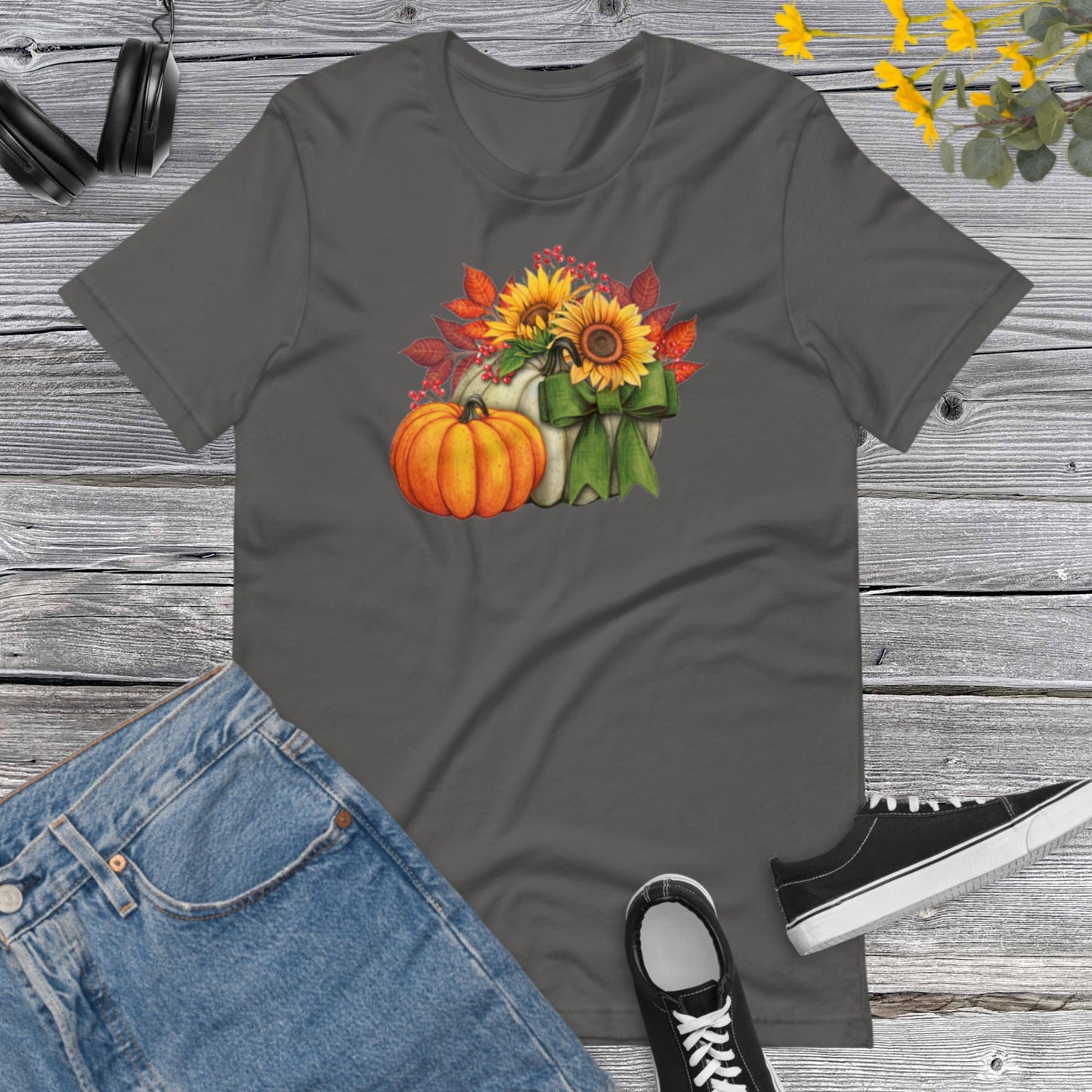 Watercolor Pumpkins Sunflowers, Pretty Fall Watercolor Pumpkins, Hello Fall, Green and Orange Pumpkins Design Unisex t-shirt