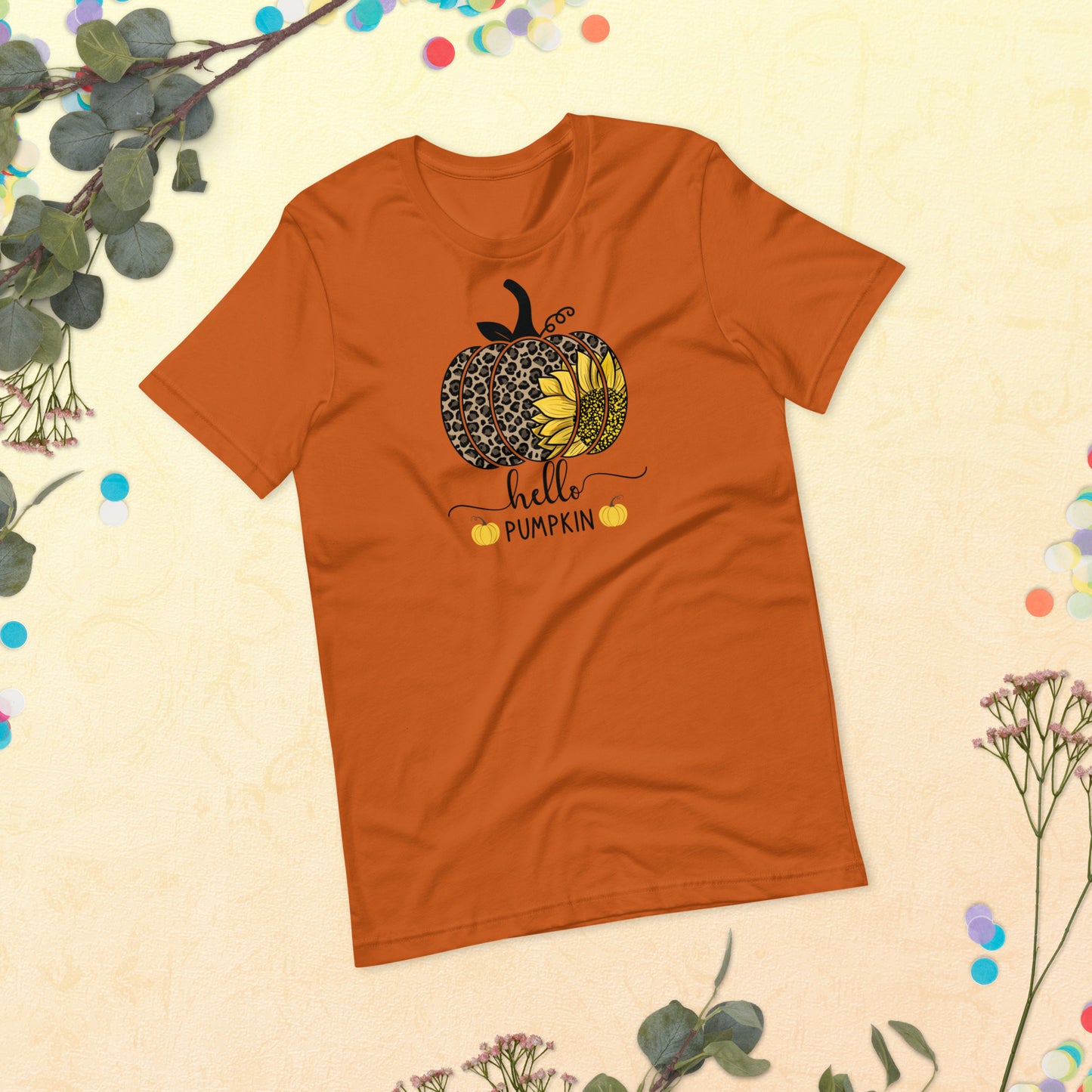 Hello Pumpkin Sunflower, Happy Fall Shirt, Leopard Pumpkin Shirt, Fall Shirt, Thanksgiving Unisex t-shirt
