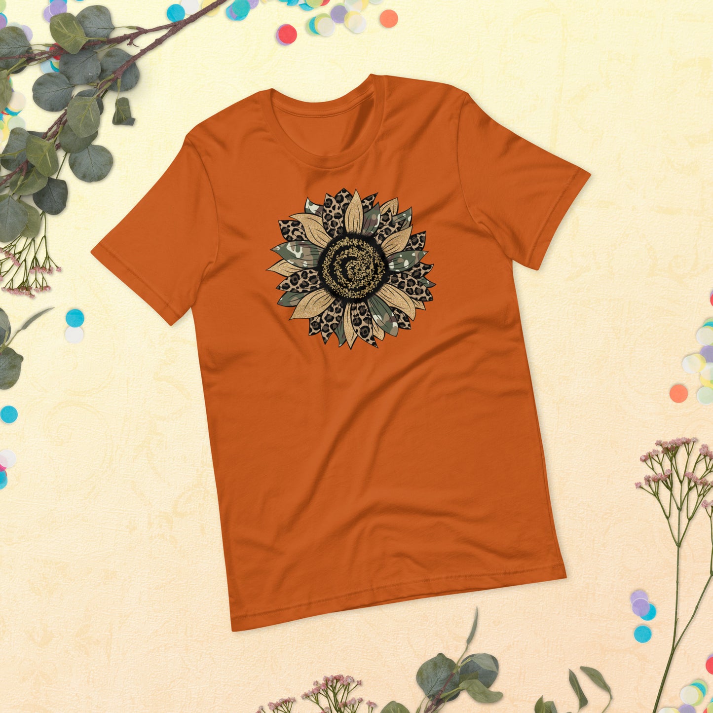 Camo Leopard Sunflower, Army Sunflower, Sunflower Shirt, Flower Shirt, Daisy, Roses, Nature, Wildflower, Inspirational Unisex t-shirt
