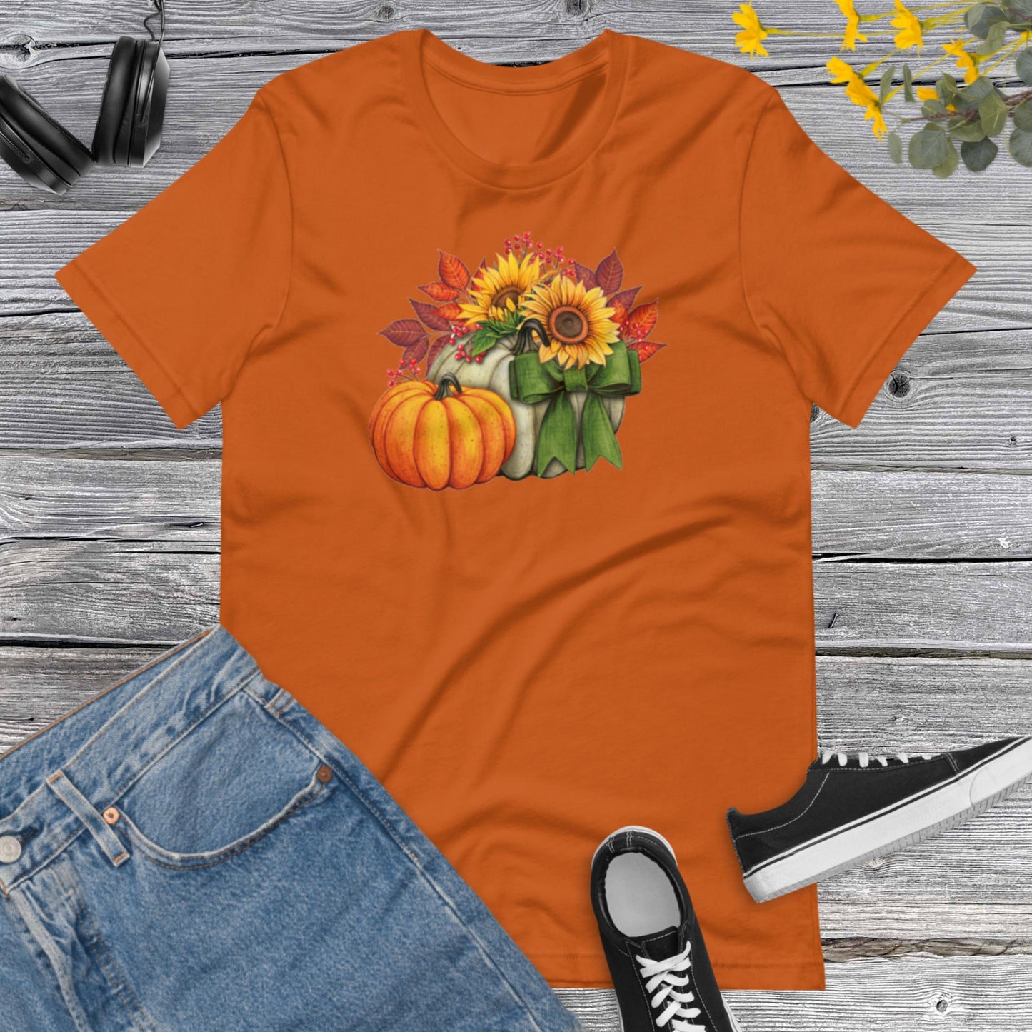 Watercolor Pumpkins Sunflowers, Pretty Fall Watercolor Pumpkins, Hello Fall, Green and Orange Pumpkins Design Unisex t-shirt