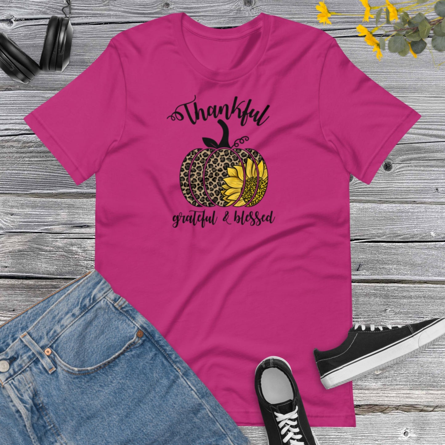 Thankful Grateful & Blessed Pumpkin Sunflower, Happy Fall Shirt, Leopard Pumpkin Shirt, Fall Shirt, Thanksgiving Gift Unisex t-shirt