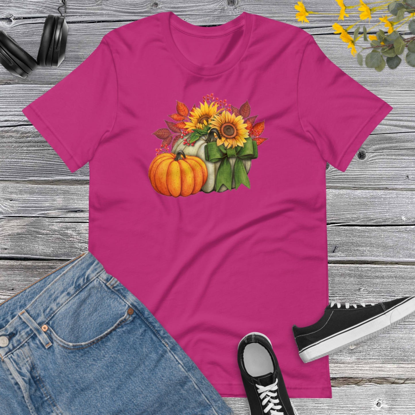 Watercolor Pumpkins Sunflowers, Pretty Fall Watercolor Pumpkins, Hello Fall, Green and Orange Pumpkins Design Unisex t-shirt