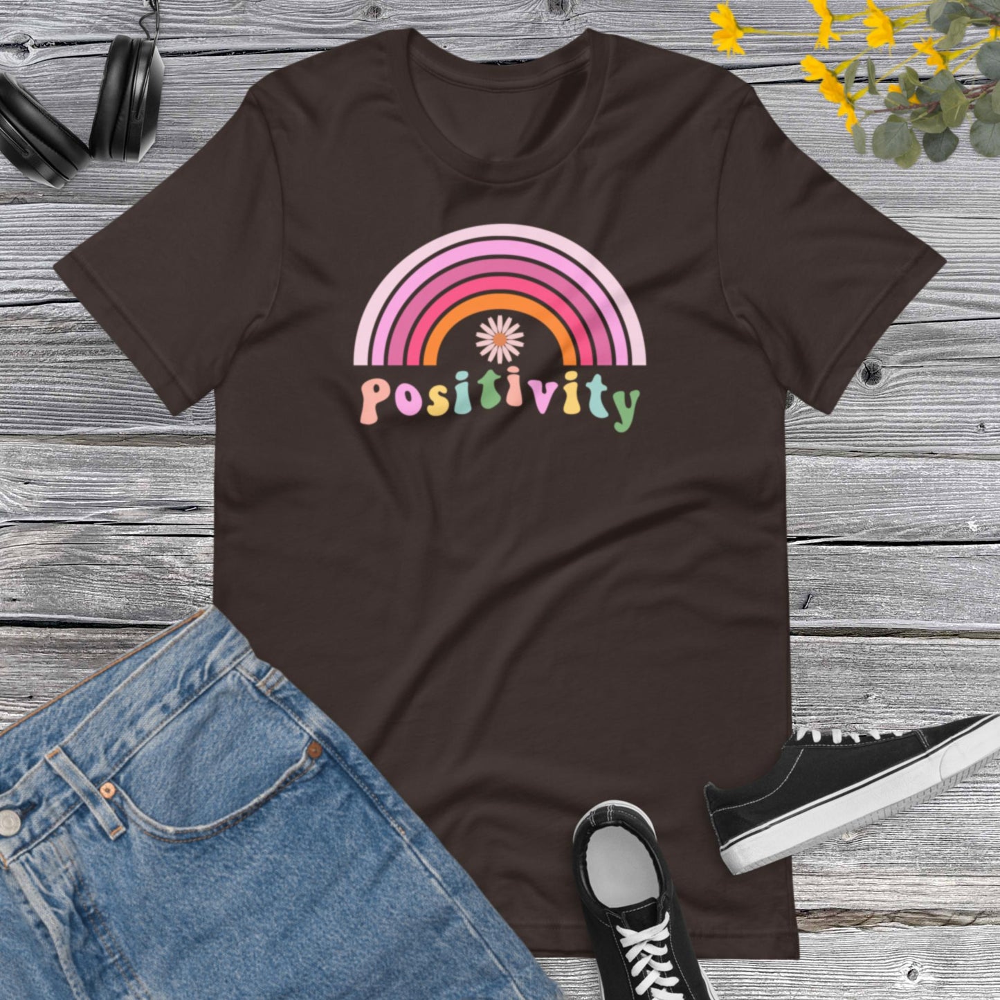 Retro Positivity shirt, Rainbow Inspirational shirt, Positive thinking, kindness shirt, Cute women apparel,  Rainbow flower Unisex t-shirt