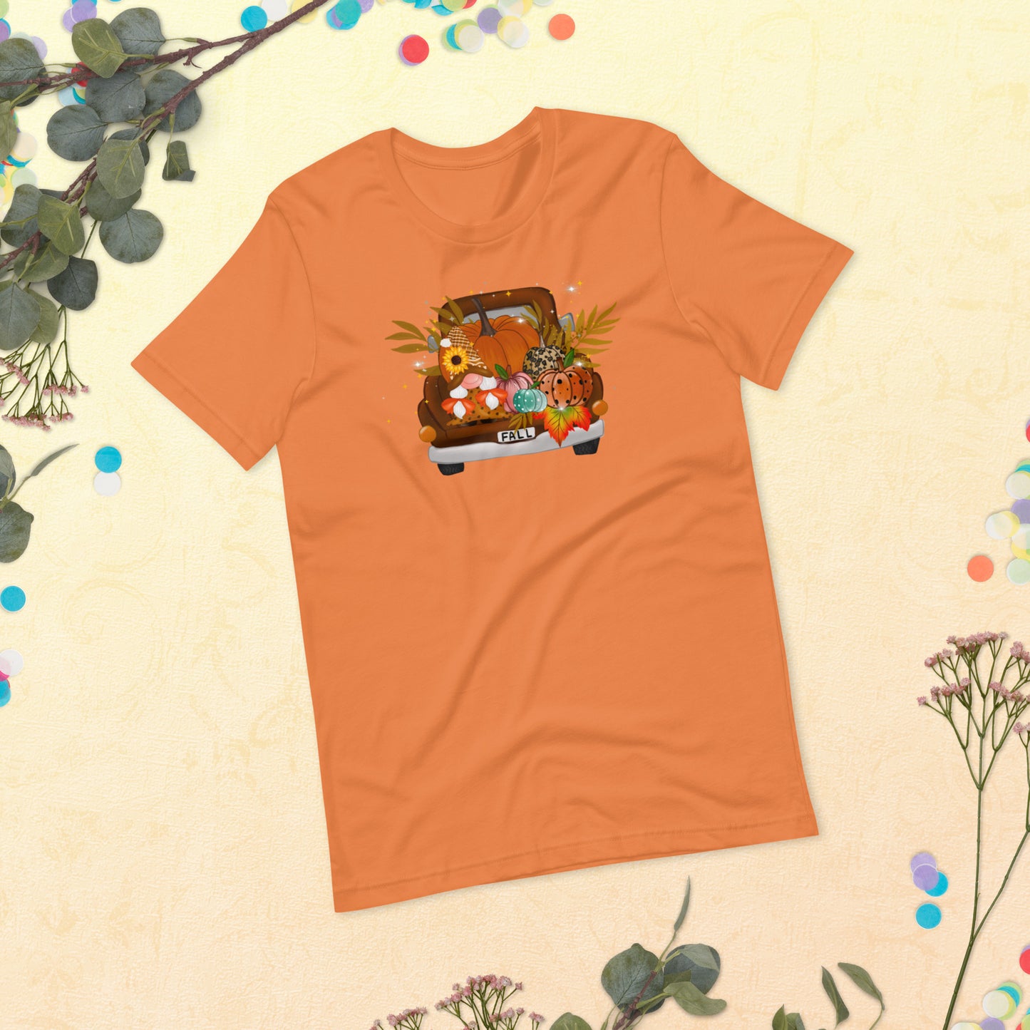 Fall Harvest on pickup Truck, Fall Gnomes Truck, Sunflowers Gnome, Thanksgiving, Pumpkin Unisex t-shirt