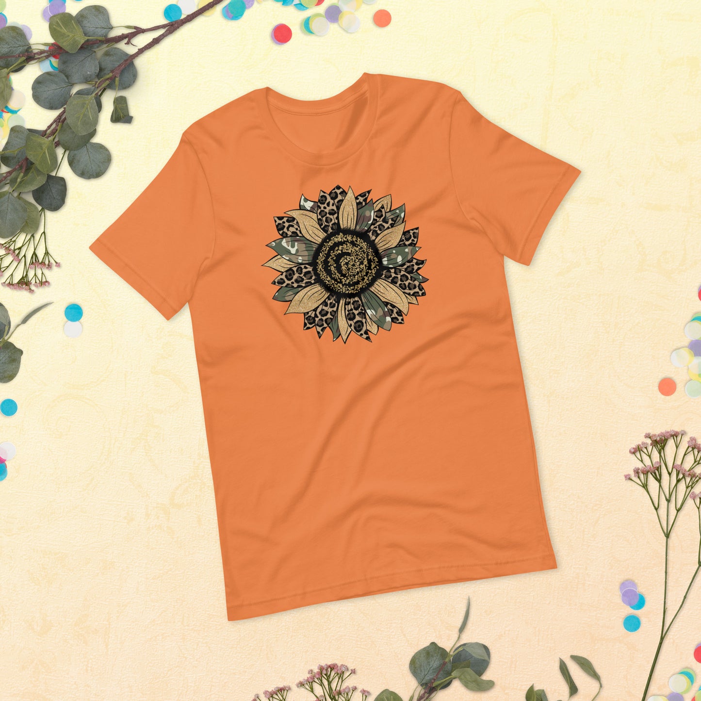 Camo Leopard Sunflower, Army Sunflower, Sunflower Shirt, Flower Shirt, Daisy, Roses, Nature, Wildflower, Inspirational Unisex t-shirt