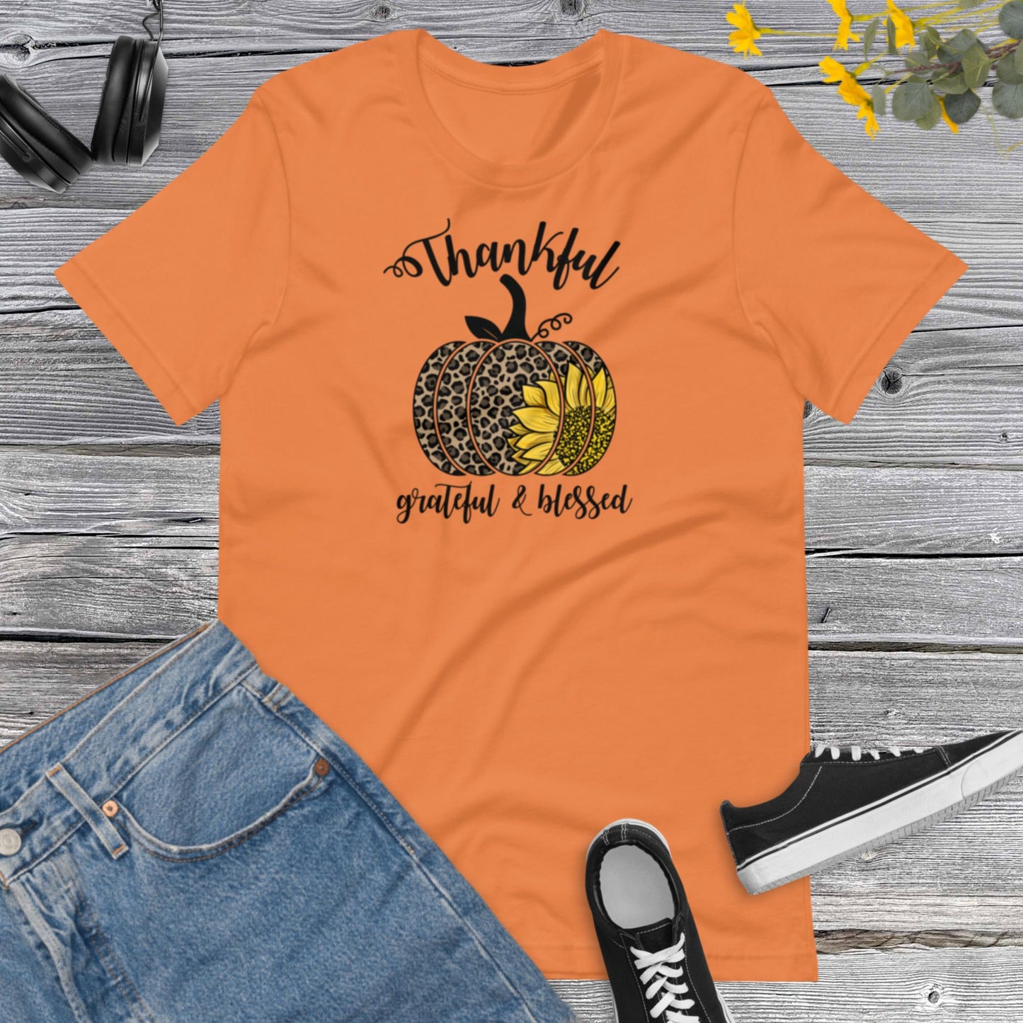 Thankful Grateful & Blessed Pumpkin Sunflower, Happy Fall Shirt, Leopard Pumpkin Shirt, Fall Shirt, Thanksgiving Gift Unisex t-shirt