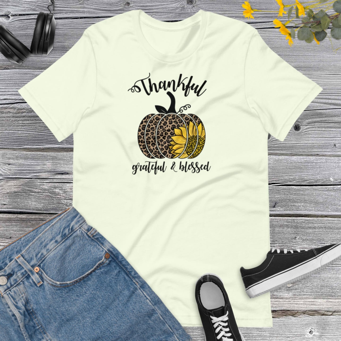 Thankful Grateful & Blessed Pumpkin Sunflower, Happy Fall Shirt, Leopard Pumpkin Shirt, Fall Shirt, Thanksgiving Gift Unisex t-shirt