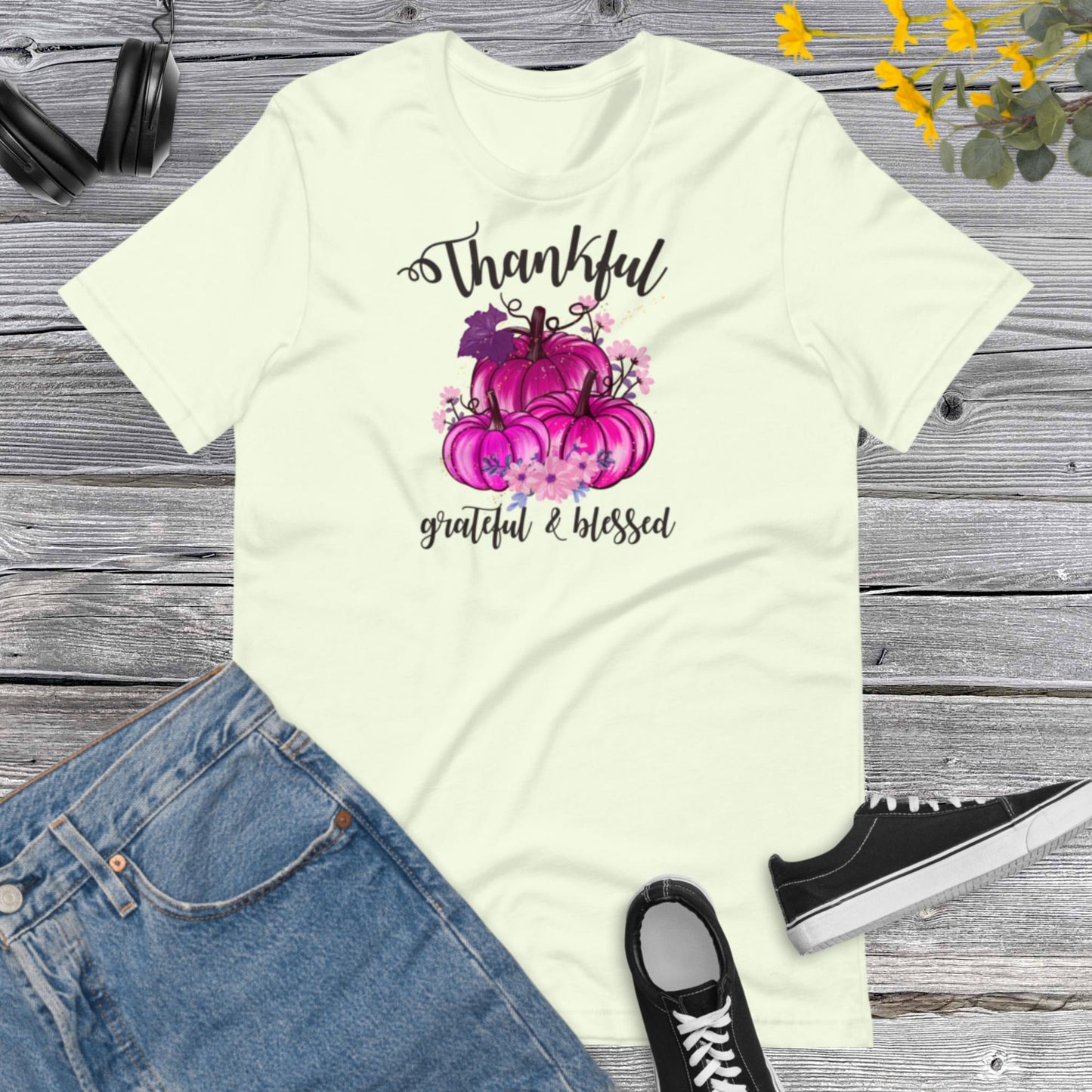Thankful Grateful & Blessed Pumpkins Pink, Happy Fall Shirt, Flowers Pumpkin Pink Shirt, Fall Shirt, Family Thanksgiving Unisex t-shirt