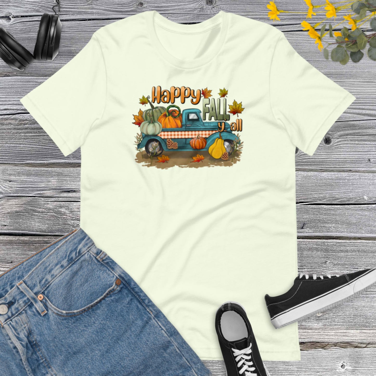 Happy Fall Y all, Fall Harvest on pickup Truck, Fall Truck, Flowers Pumpkin, Thanksgiving, Pumpkins Unisex t-shirt