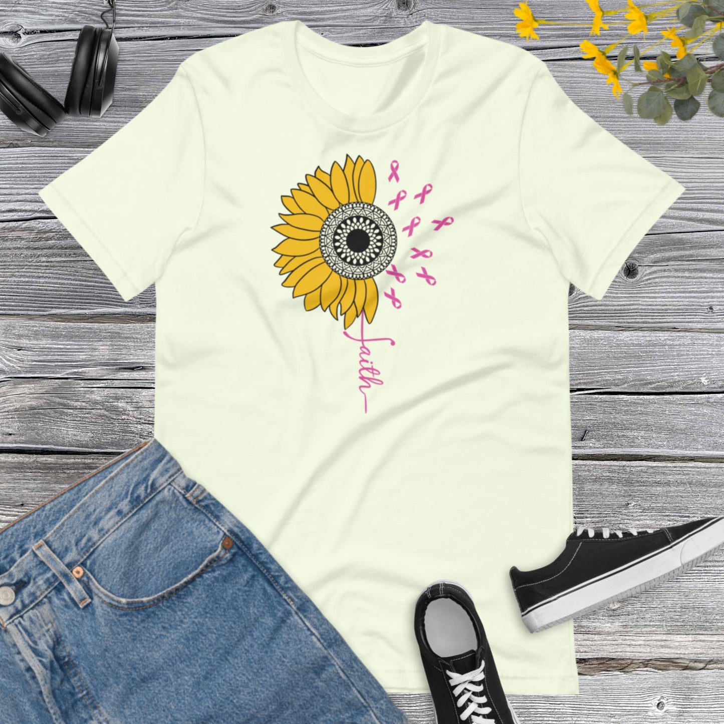 Awareness Sunflower Faith, Breast Cancer, Vertical Cross, Faith Cross, Floral Shirt, Inspirational Unisex t-shirt