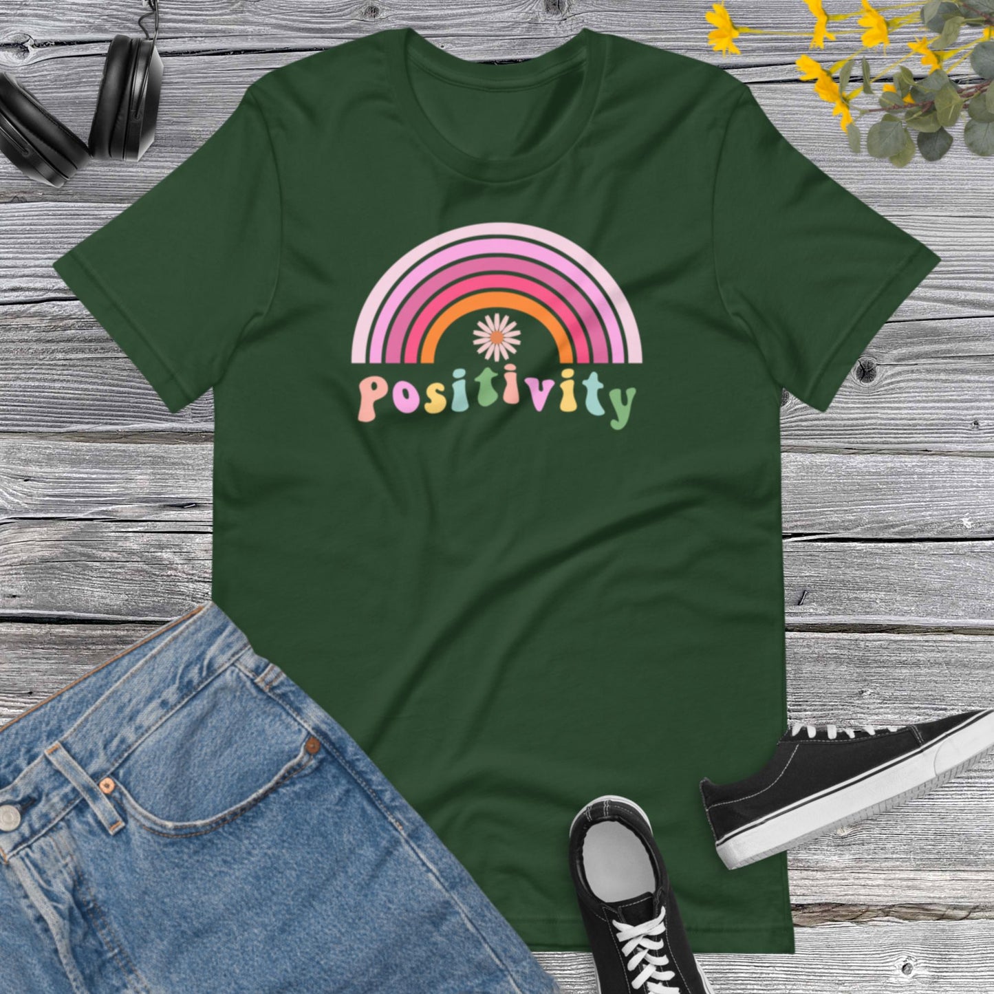 Retro Positivity shirt, Rainbow Inspirational shirt, Positive thinking, kindness shirt, Cute women apparel,  Rainbow flower Unisex t-shirt