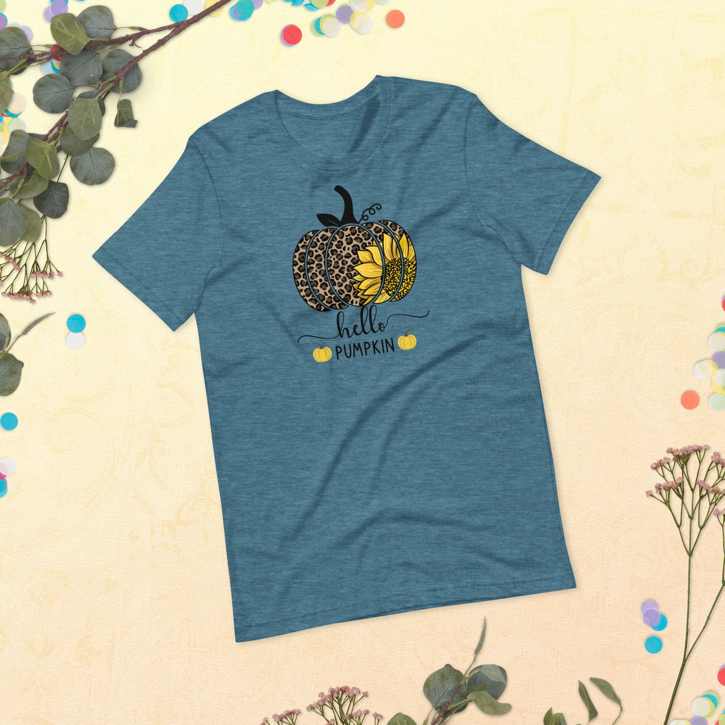 Hello Pumpkin Sunflower, Happy Fall Shirt, Leopard Pumpkin Shirt, Fall Shirt, Thanksgiving Unisex t-shirt