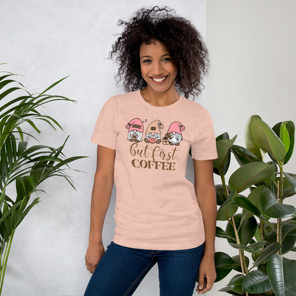 But First Coffee Gnomes, Gnomes Drinking Coffee, Coffee Lover Unisex t-shirt