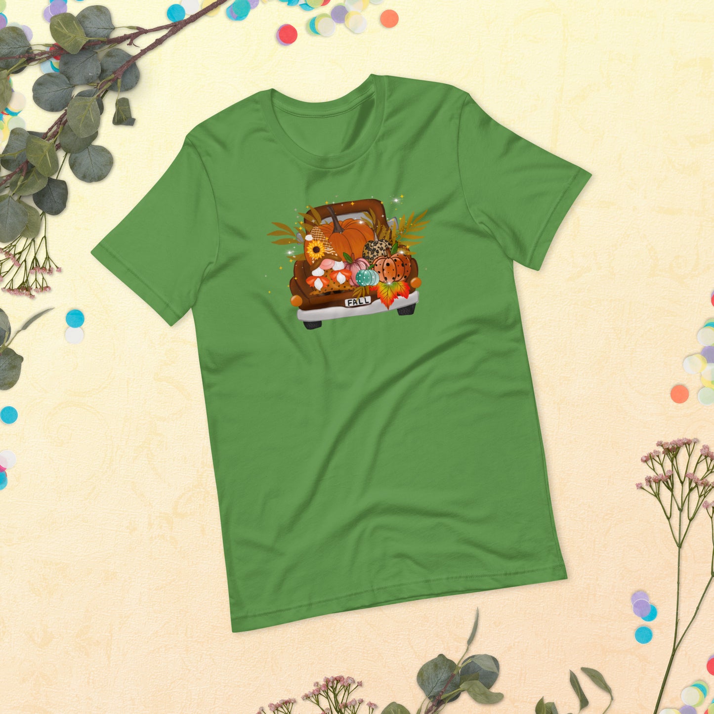 Fall Harvest on pickup Truck, Fall Gnomes Truck, Sunflowers Gnome, Thanksgiving, Pumpkin Unisex t-shirt