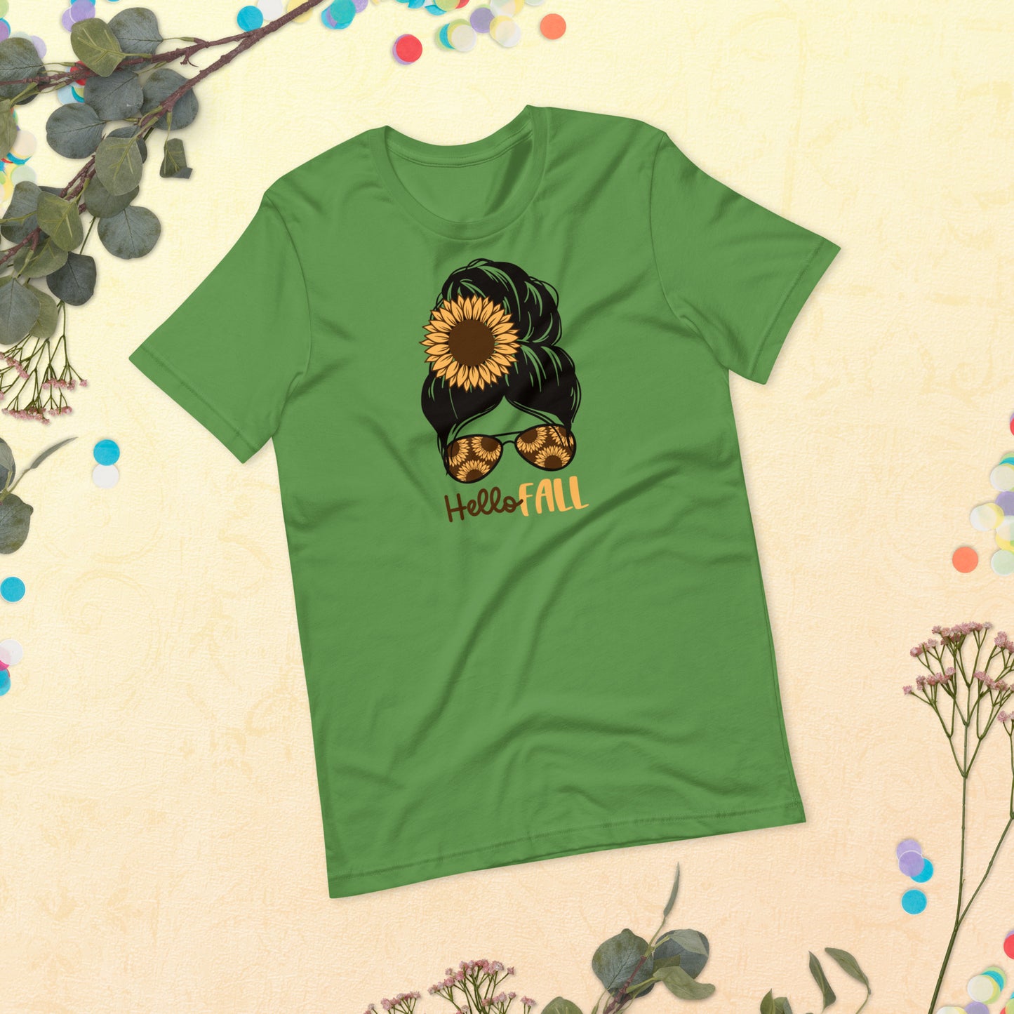 Hello Fall, Fall Girl Autumn Vibes, Happy Thanksgiving Shirt, Pumpkin Sunflower Shirt, Thanksgiving Gift, Fall Messy Bun Unisex t-shirt
