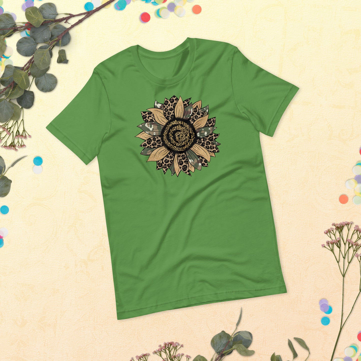 Camo Leopard Sunflower, Army Sunflower, Sunflower Shirt, Flower Shirt, Daisy, Roses, Nature, Wildflower, Inspirational Unisex t-shirt
