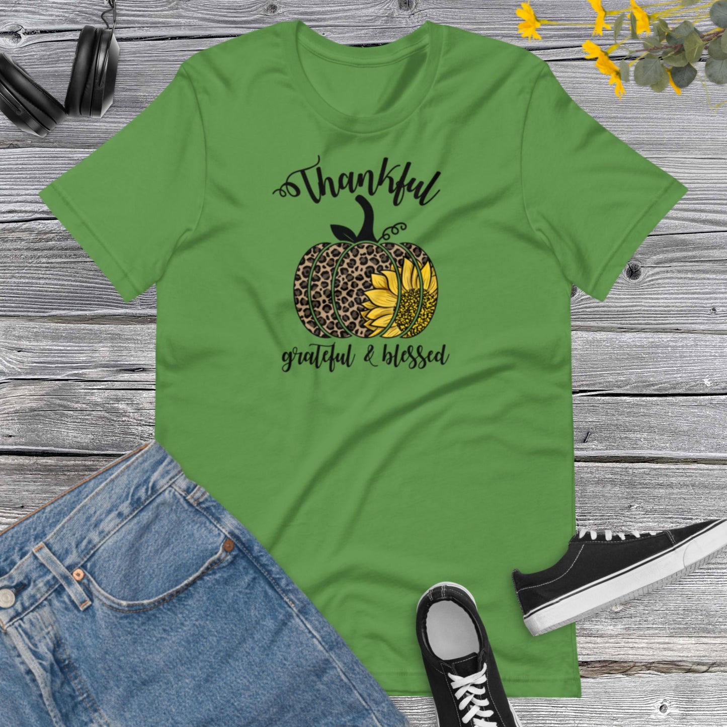 Thankful Grateful & Blessed Pumpkin Sunflower, Happy Fall Shirt, Leopard Pumpkin Shirt, Fall Shirt, Thanksgiving Gift Unisex t-shirt