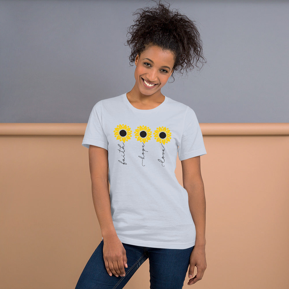 Faith Hope Love Sunflowers, Sunflower bundle, Pretty Sunflowers, Flower, Christian Unisex t-shirt