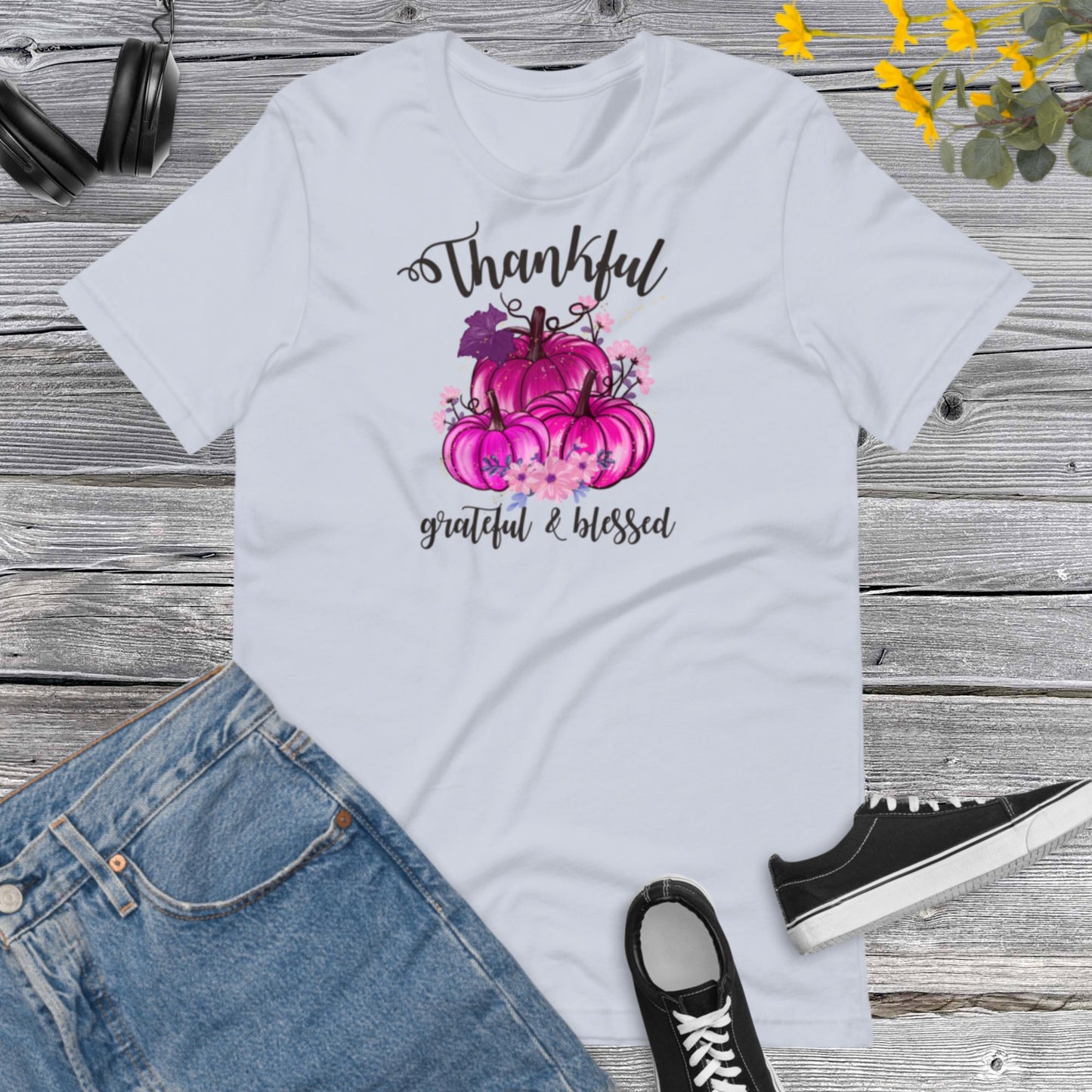 Thankful Grateful & Blessed Pumpkins Pink, Happy Fall Shirt, Flowers Pumpkin Pink Shirt, Fall Shirt, Family Thanksgiving Unisex t-shirt
