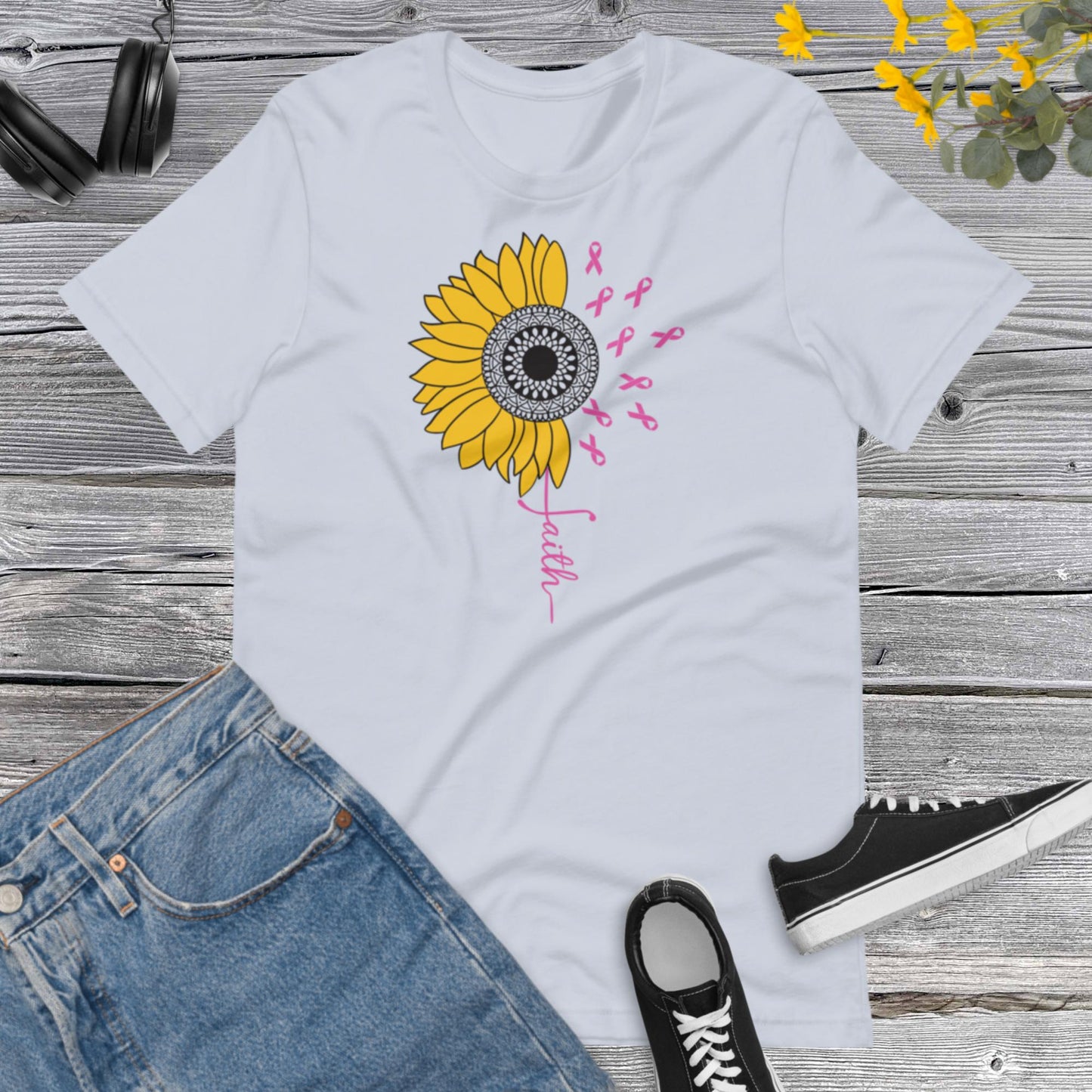 Awareness Sunflower Faith, Breast Cancer, Vertical Cross, Faith Cross, Floral Shirt, Inspirational Unisex t-shirt