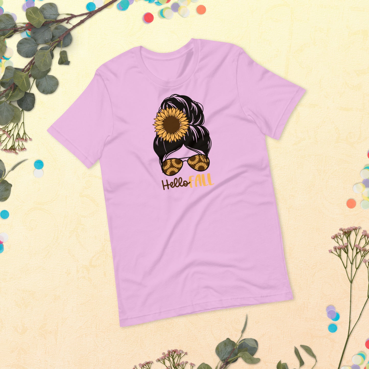 Hello Fall, Fall Girl Autumn Vibes, Happy Thanksgiving Shirt, Pumpkin Sunflower Shirt, Thanksgiving Gift, Fall Messy Bun Unisex t-shirt