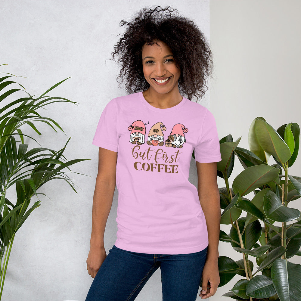 But First Coffee Gnomes, Gnomes Drinking Coffee, Coffee Lover Unisex t-shirt