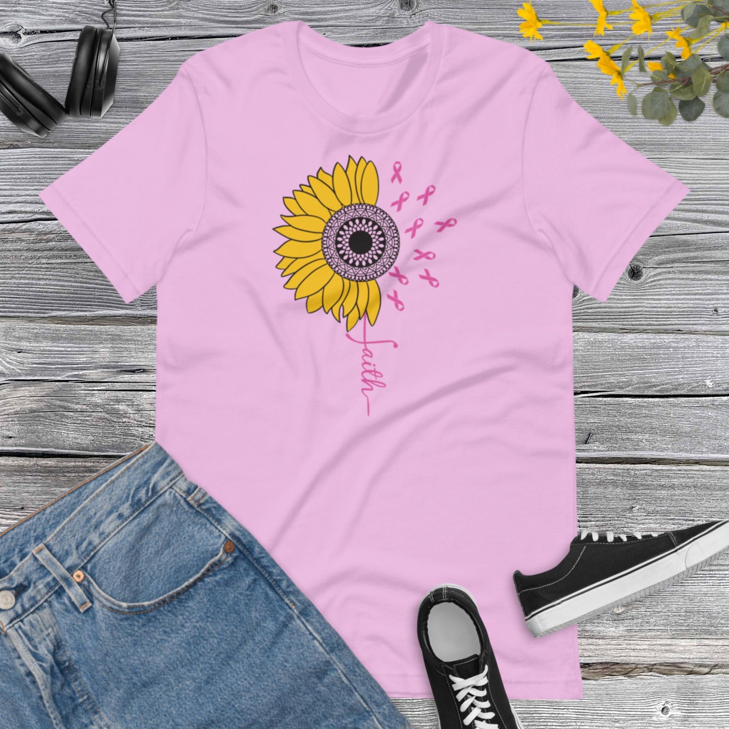 Awareness Sunflower Faith, Breast Cancer, Vertical Cross, Faith Cross, Floral Shirt, Inspirational Unisex t-shirt