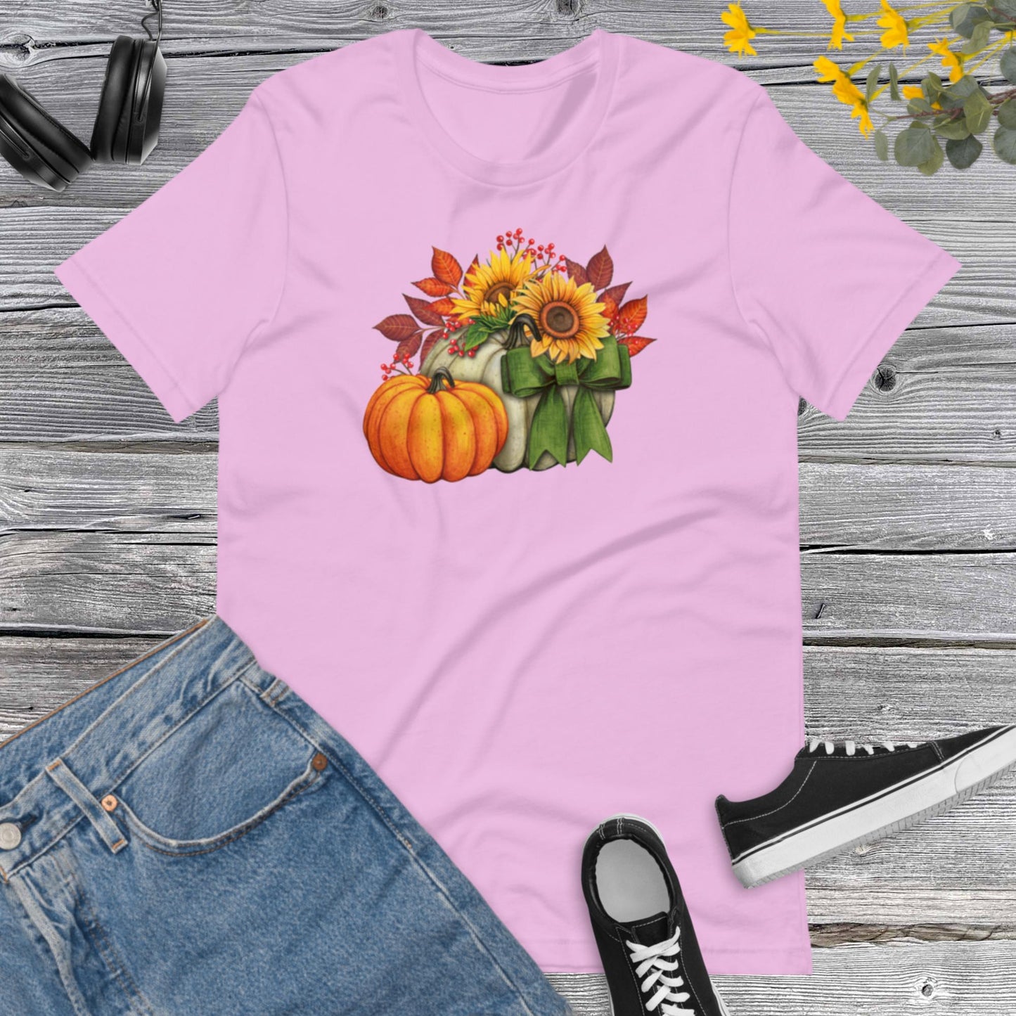 Watercolor Pumpkins Sunflowers, Pretty Fall Watercolor Pumpkins, Hello Fall, Green and Orange Pumpkins Design Unisex t-shirt