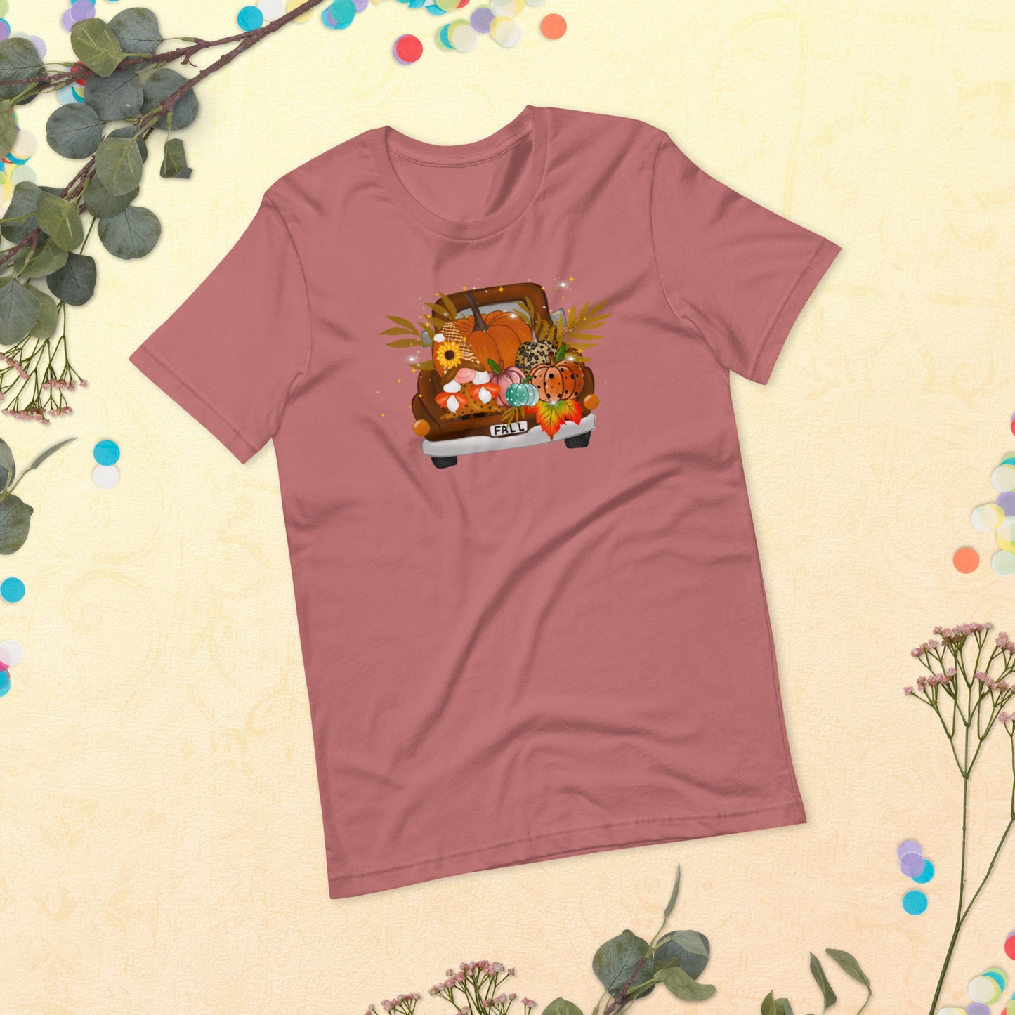 Fall Harvest on pickup Truck, Fall Gnomes Truck, Sunflowers Gnome, Thanksgiving, Pumpkin Unisex t-shirt