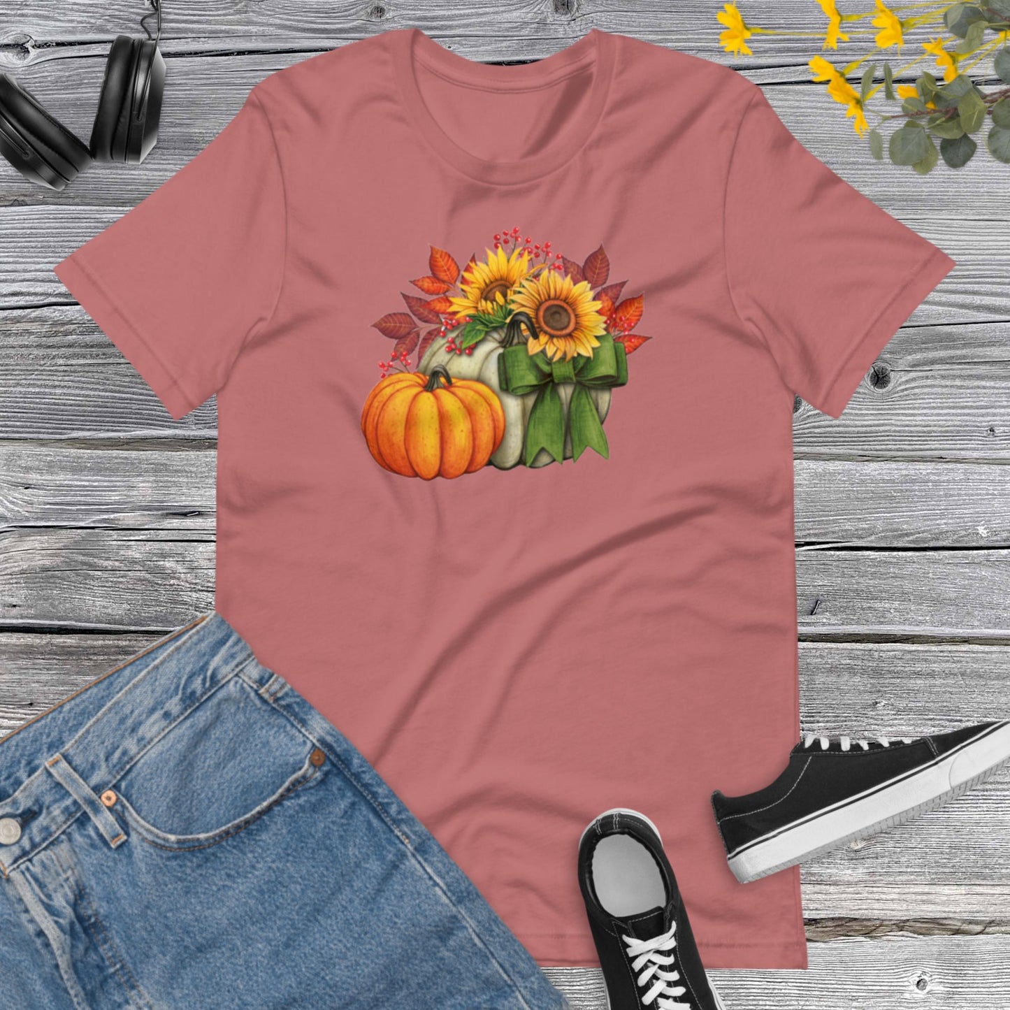 Watercolor Pumpkins Sunflowers, Pretty Fall Watercolor Pumpkins, Hello Fall, Green and Orange Pumpkins Design Unisex t-shirt