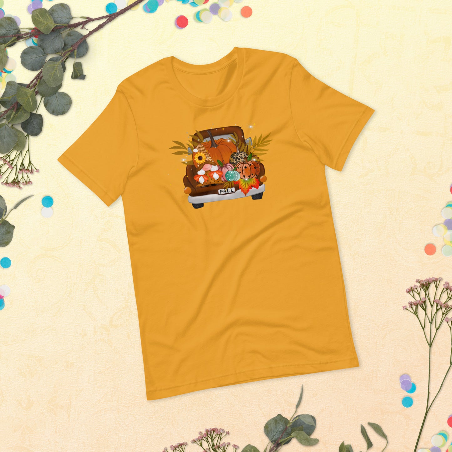 Fall Harvest on pickup Truck, Fall Gnomes Truck, Sunflowers Gnome, Thanksgiving, Pumpkin Unisex t-shirt