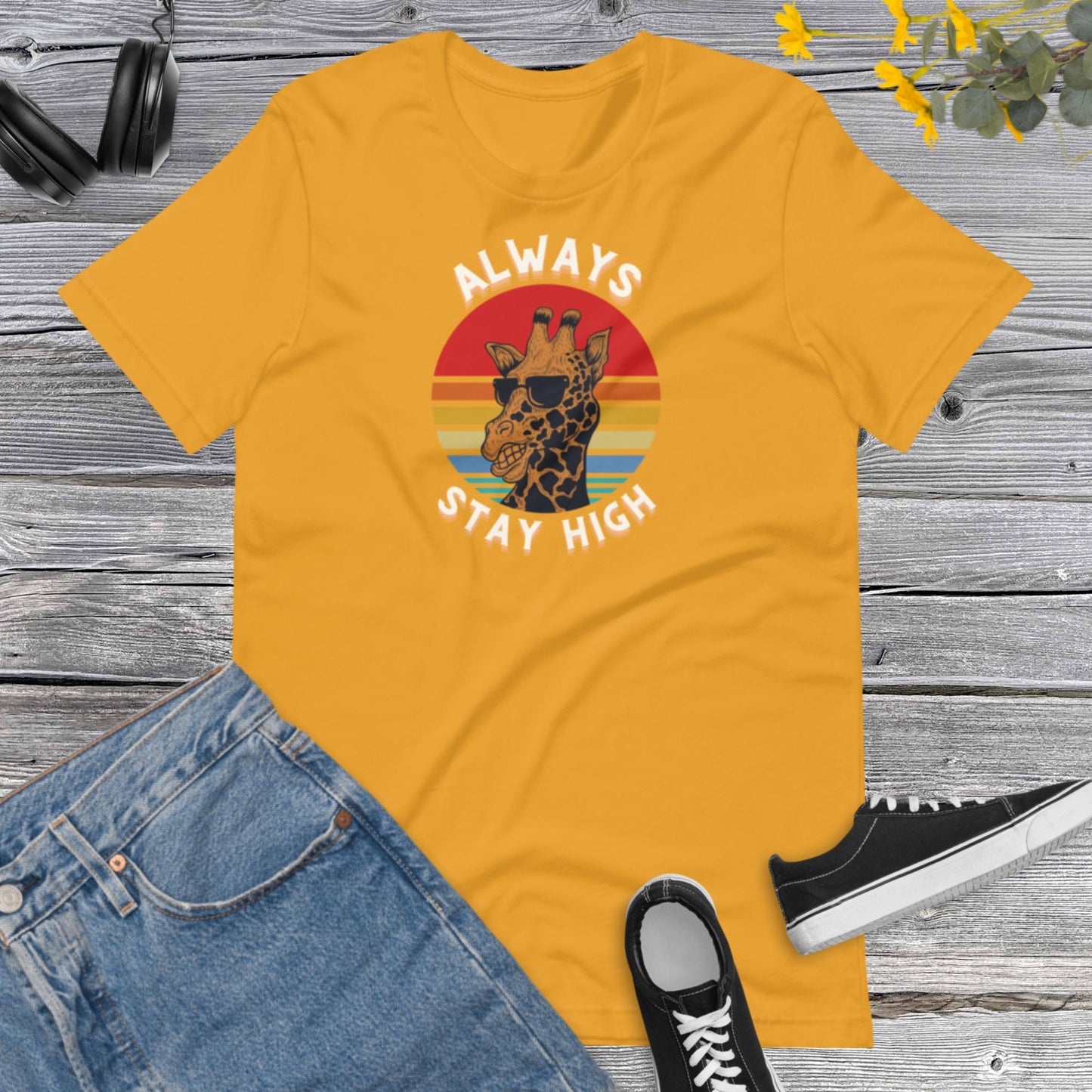 Always Stay High, Retro Giraffe Sunset, Vintage, Inspirational, Funny Giraffe Stay High Unisex t-shirt