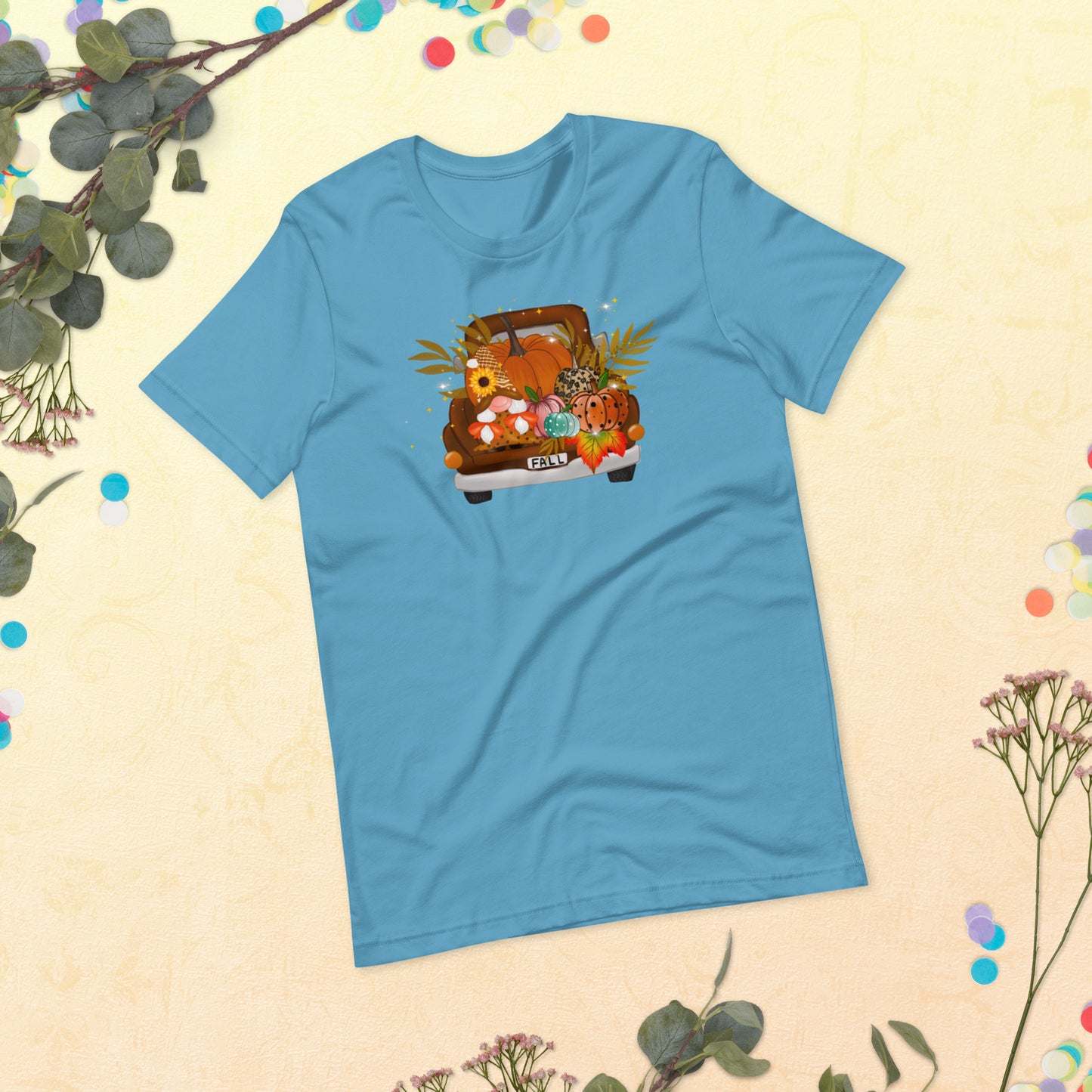 Fall Harvest on pickup Truck, Fall Gnomes Truck, Sunflowers Gnome, Thanksgiving, Pumpkin Unisex t-shirt