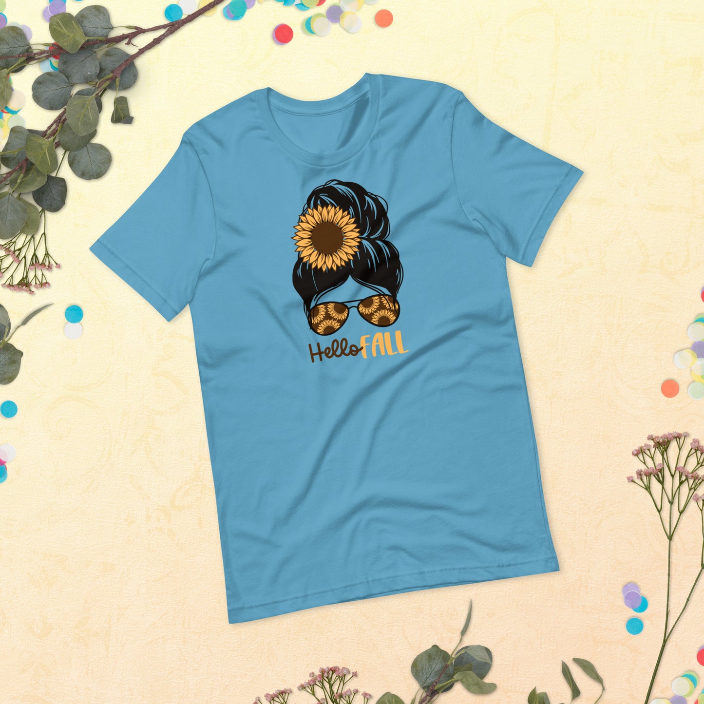 Hello Fall, Fall Girl Autumn Vibes, Happy Thanksgiving Shirt, Pumpkin Sunflower Shirt, Thanksgiving Gift, Fall Messy Bun Unisex t-shirt