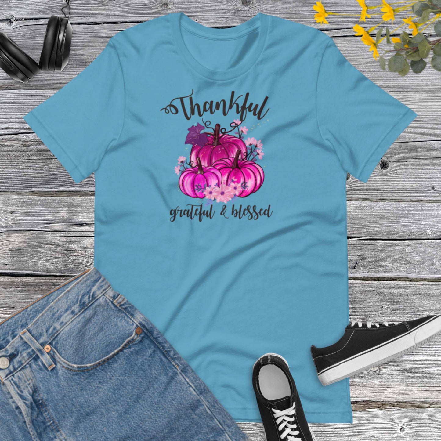 Thankful Grateful & Blessed Pumpkins Pink, Happy Fall Shirt, Flowers Pumpkin Pink Shirt, Fall Shirt, Family Thanksgiving Unisex t-shirt