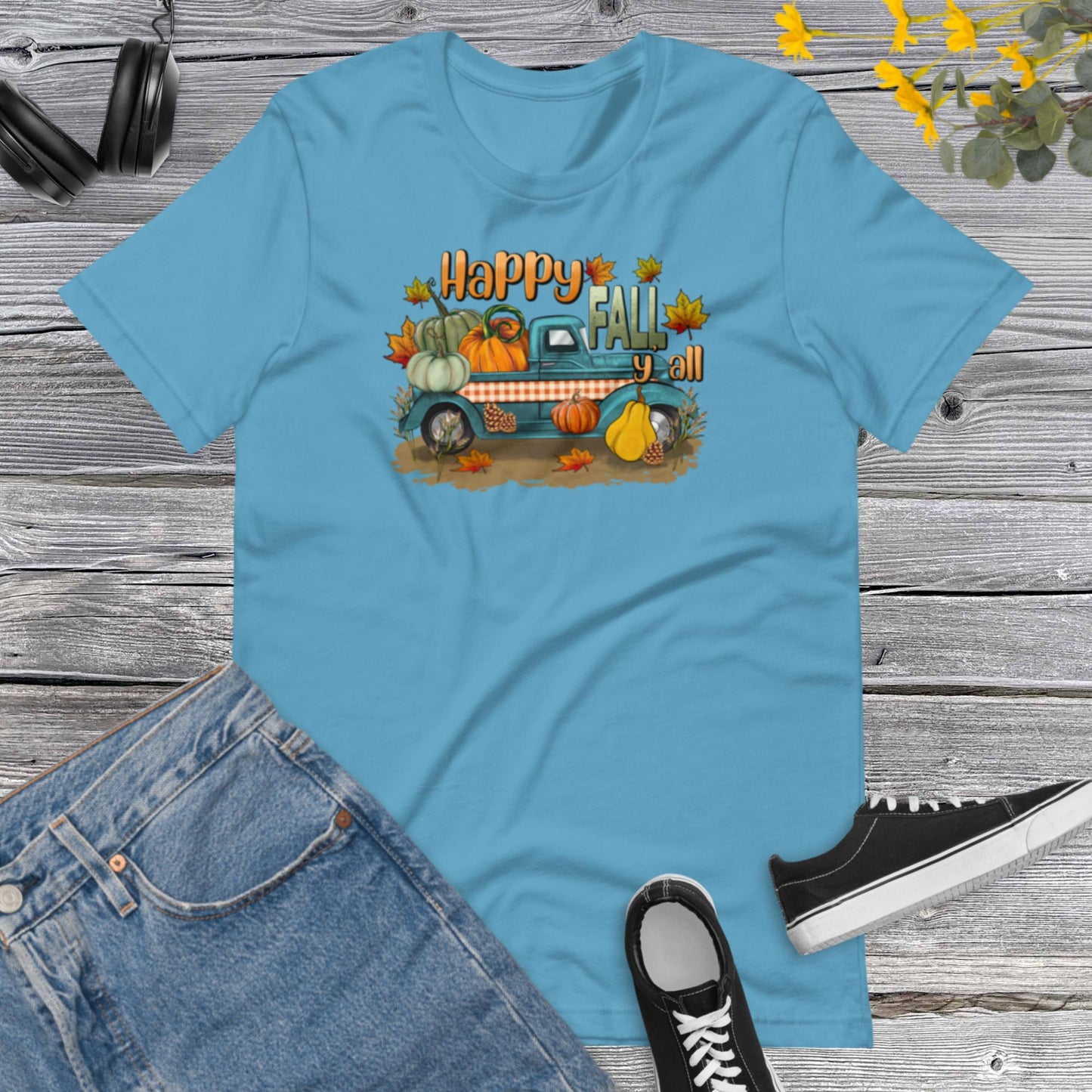 Happy Fall Y all, Fall Harvest on pickup Truck, Fall Truck, Flowers Pumpkin, Thanksgiving, Pumpkins Unisex t-shirt