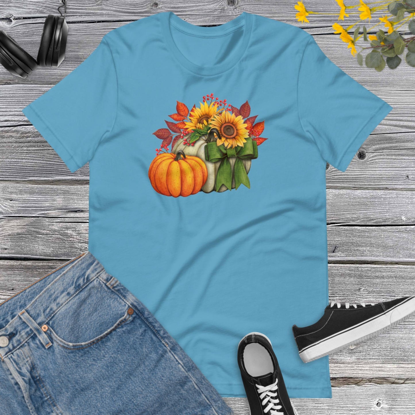 Watercolor Pumpkins Sunflowers, Pretty Fall Watercolor Pumpkins, Hello Fall, Green and Orange Pumpkins Design Unisex t-shirt