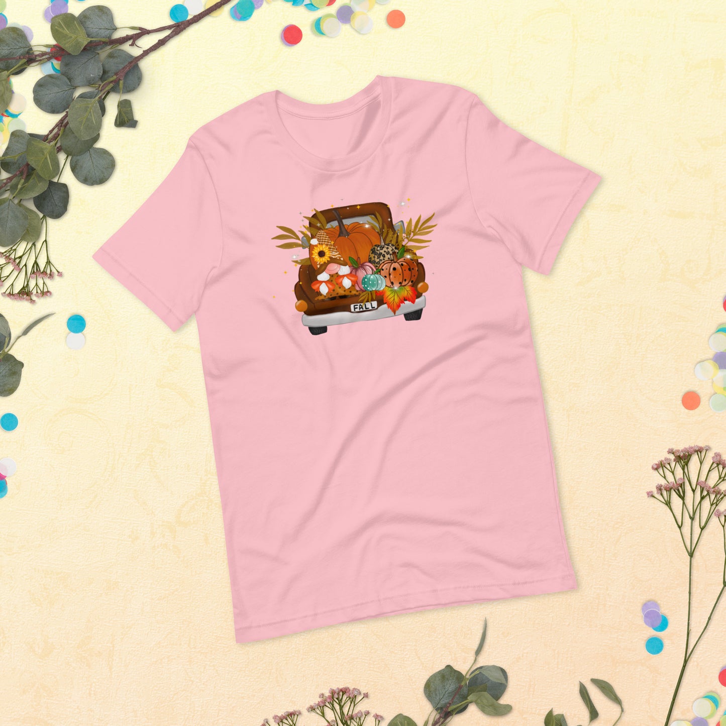 Fall Harvest on pickup Truck, Fall Gnomes Truck, Sunflowers Gnome, Thanksgiving, Pumpkin Unisex t-shirt