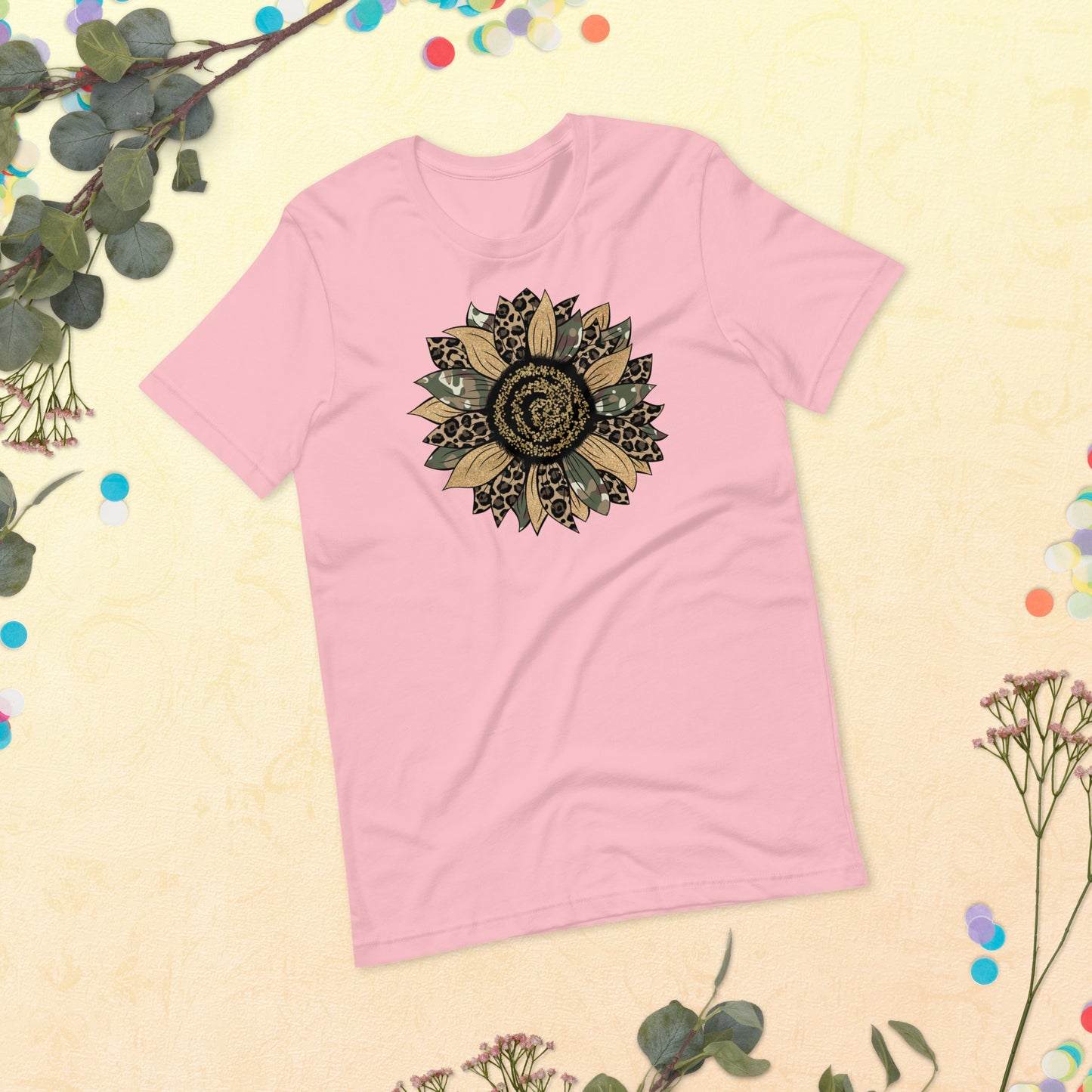 Camo Leopard Sunflower, Army Sunflower, Sunflower Shirt, Flower Shirt, Daisy, Roses, Nature, Wildflower, Inspirational Unisex t-shirt